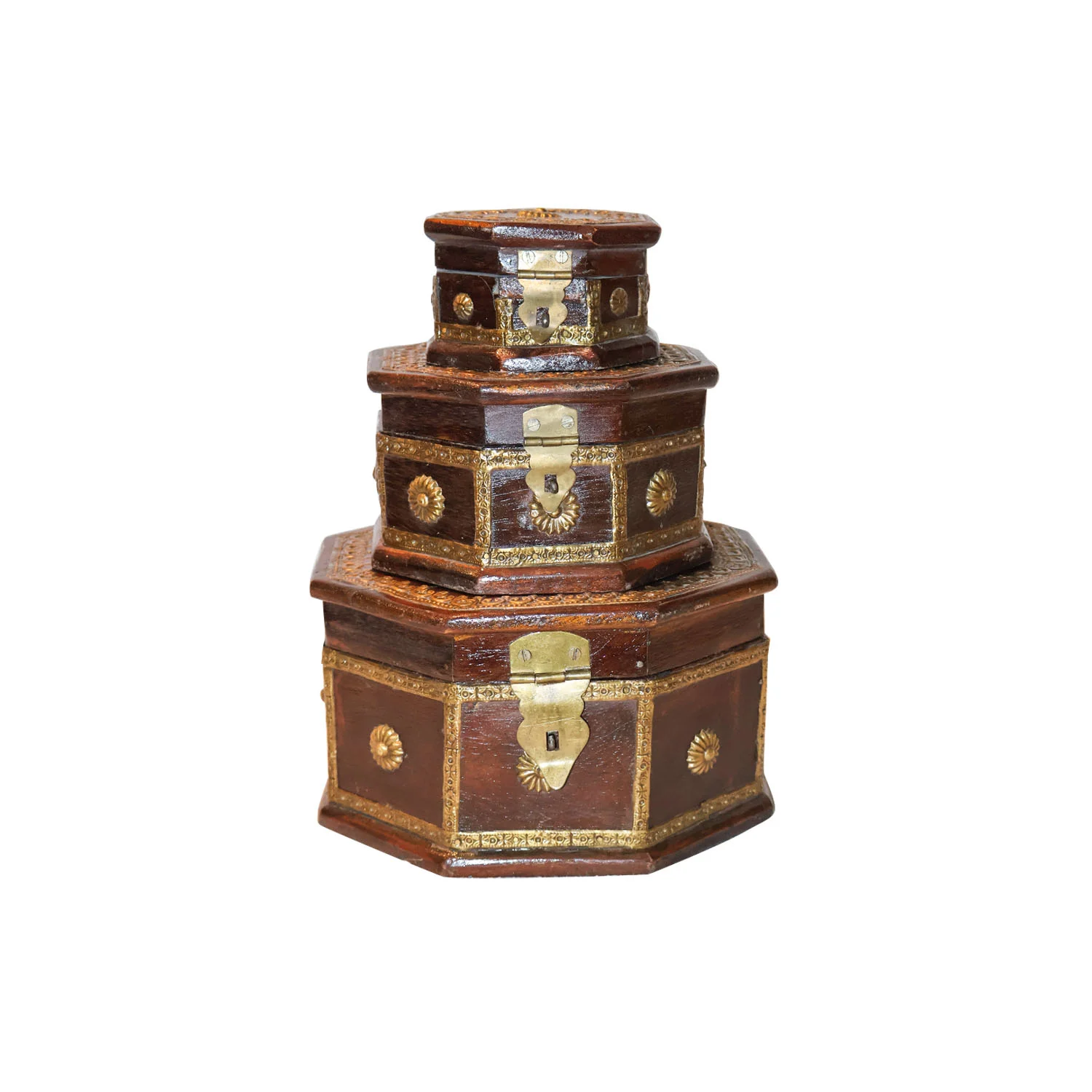 ArtistryBazaar 9"L x 9"W x 5"H inch handmade wooden storage organizers set of 3 octagonal boxes with golden accents, vintage decor, compact design, 3 sizes to stack or display.