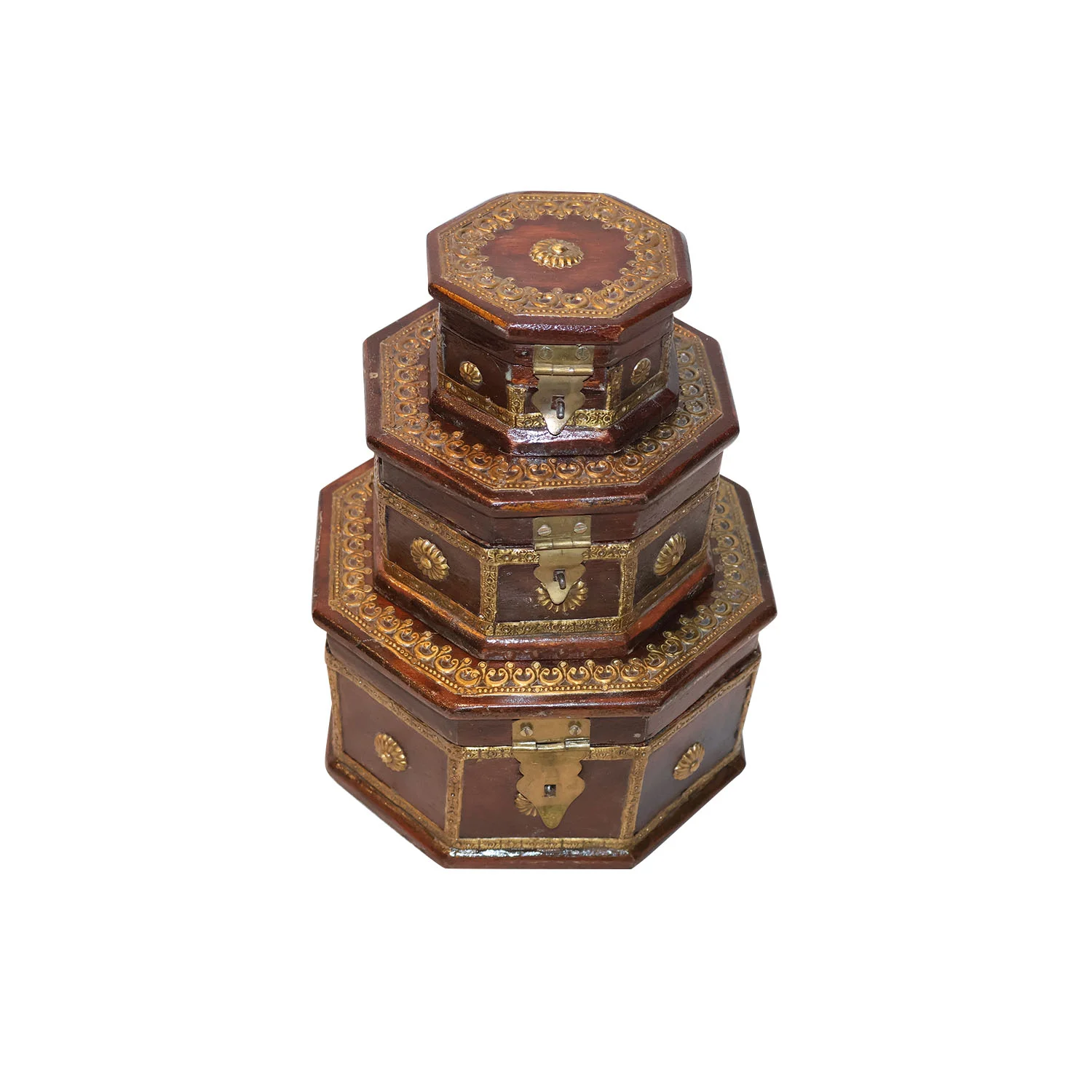 ArtistryBazaar 9"L x 9"W x 5"H inch handmade wooden storage organizers set of 3 octagonal boxes with golden accents, vintage decor, compact design, 3 sizes to stack or display.