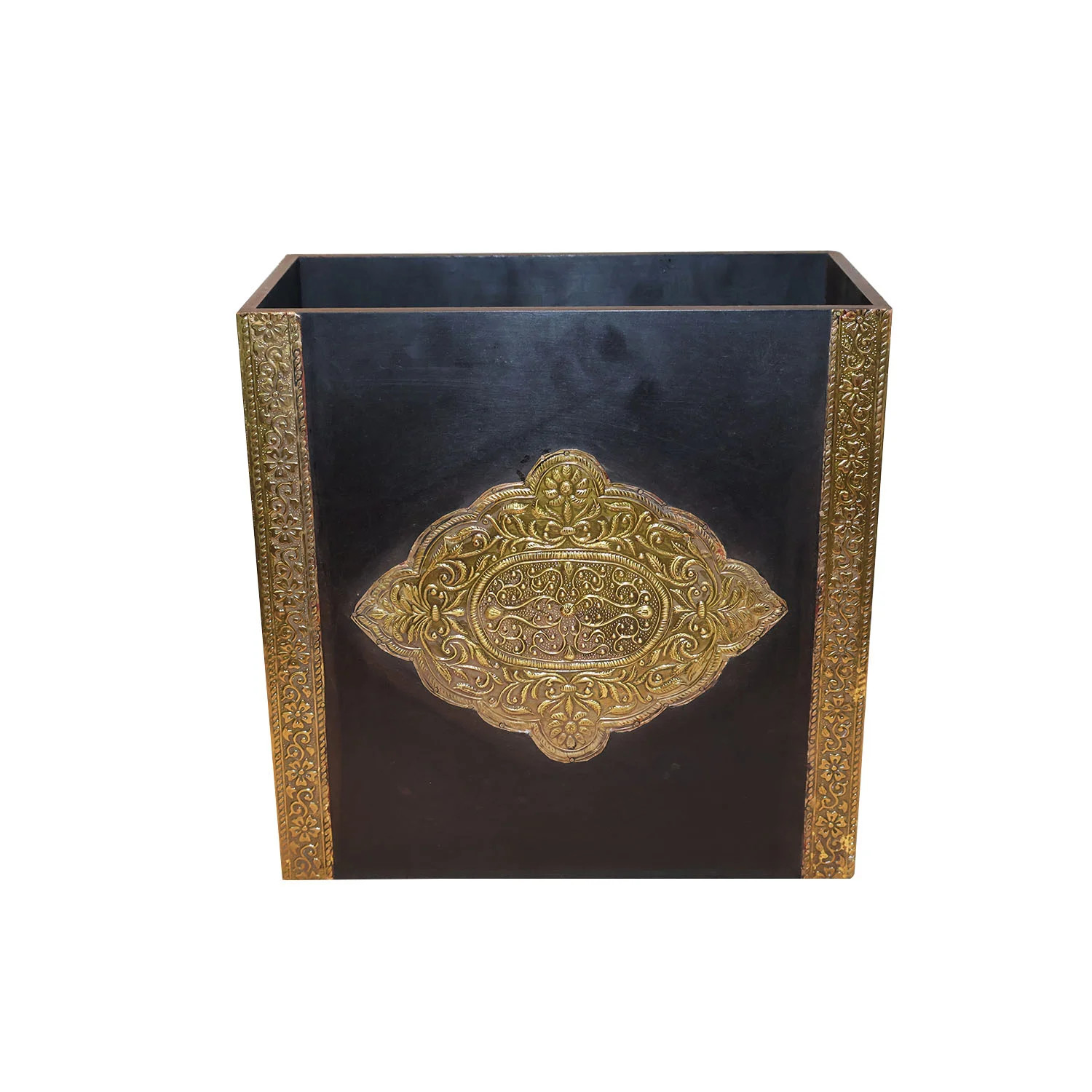 ArtistryBazaar 12"L x 6"W x 12"H inch luxe handmade black and gold wooden storage box with diamond design on the side, rectangular treasure keeper made by local artisans.