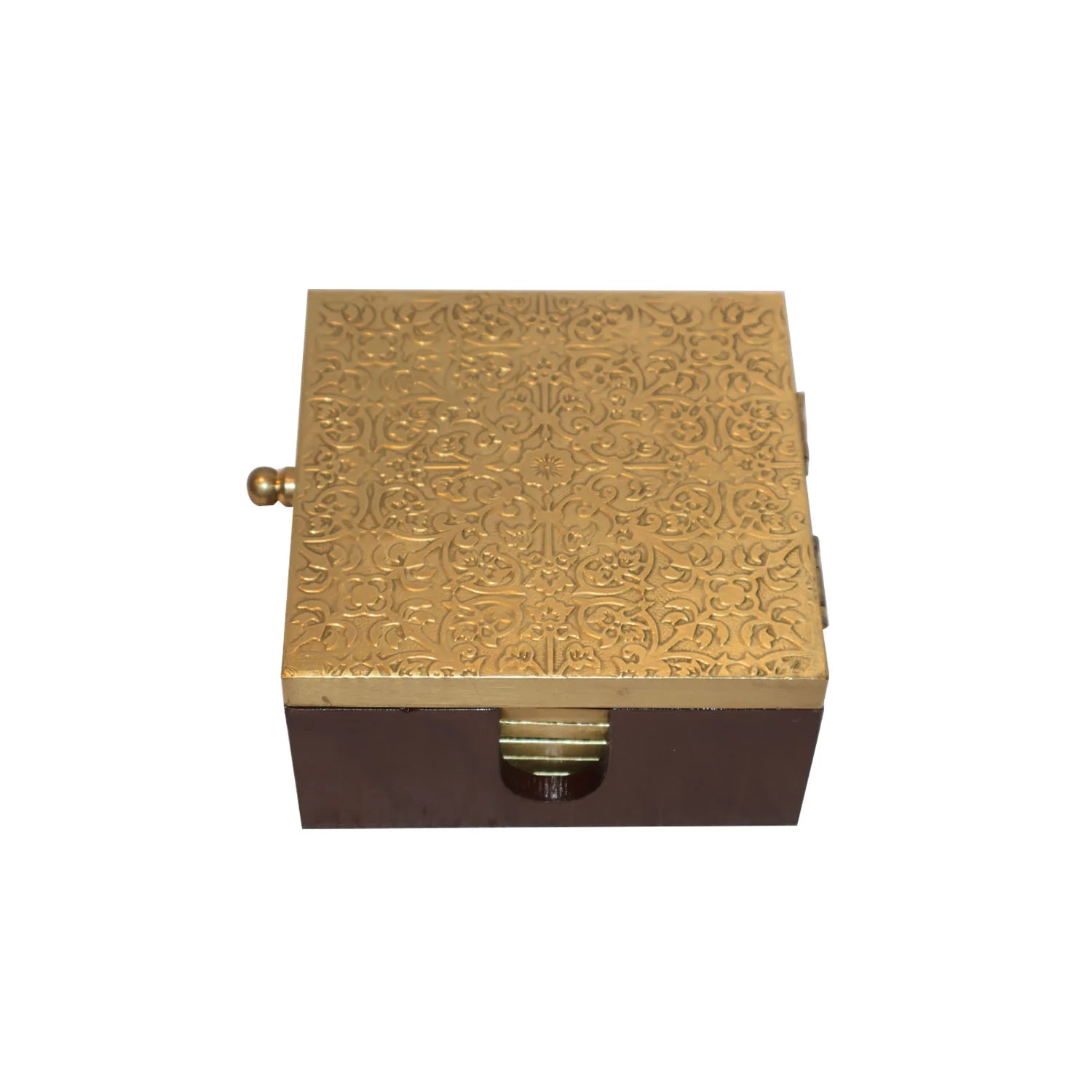 ArtistryBazaar 4.5"L x 4.5"W x 2.5"H inch handmade golden wooden storage box with coasters, detailed work by craftsmen, compact design, perfect for valuable possessions & keepsakes.
