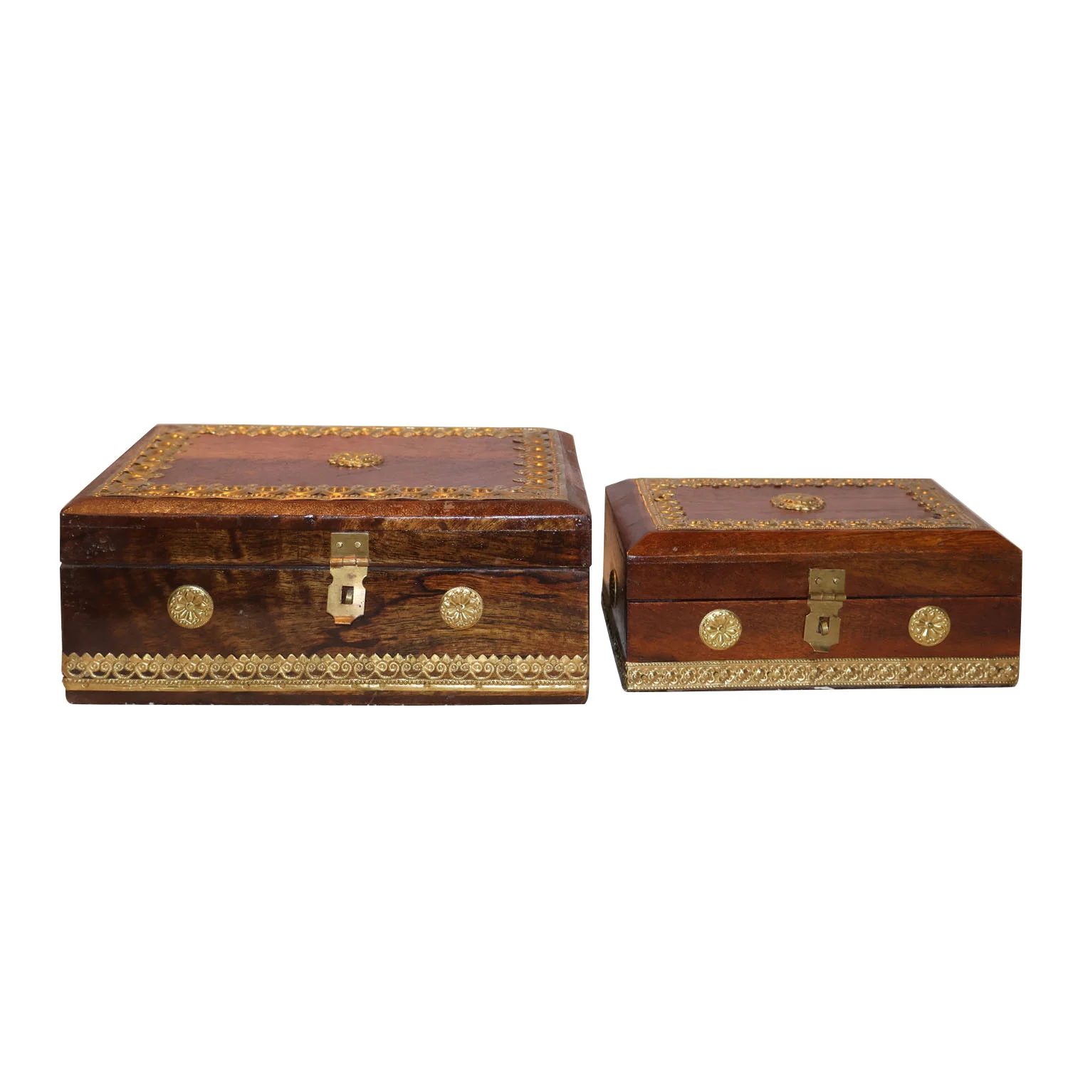 ArtistryBazaar 10"L x 7"W x 4"H inch pair of handcrafted wooden storage boxes with a golden border, elegant & functional for jewelry, collectibles, bespoke for home decor needs.