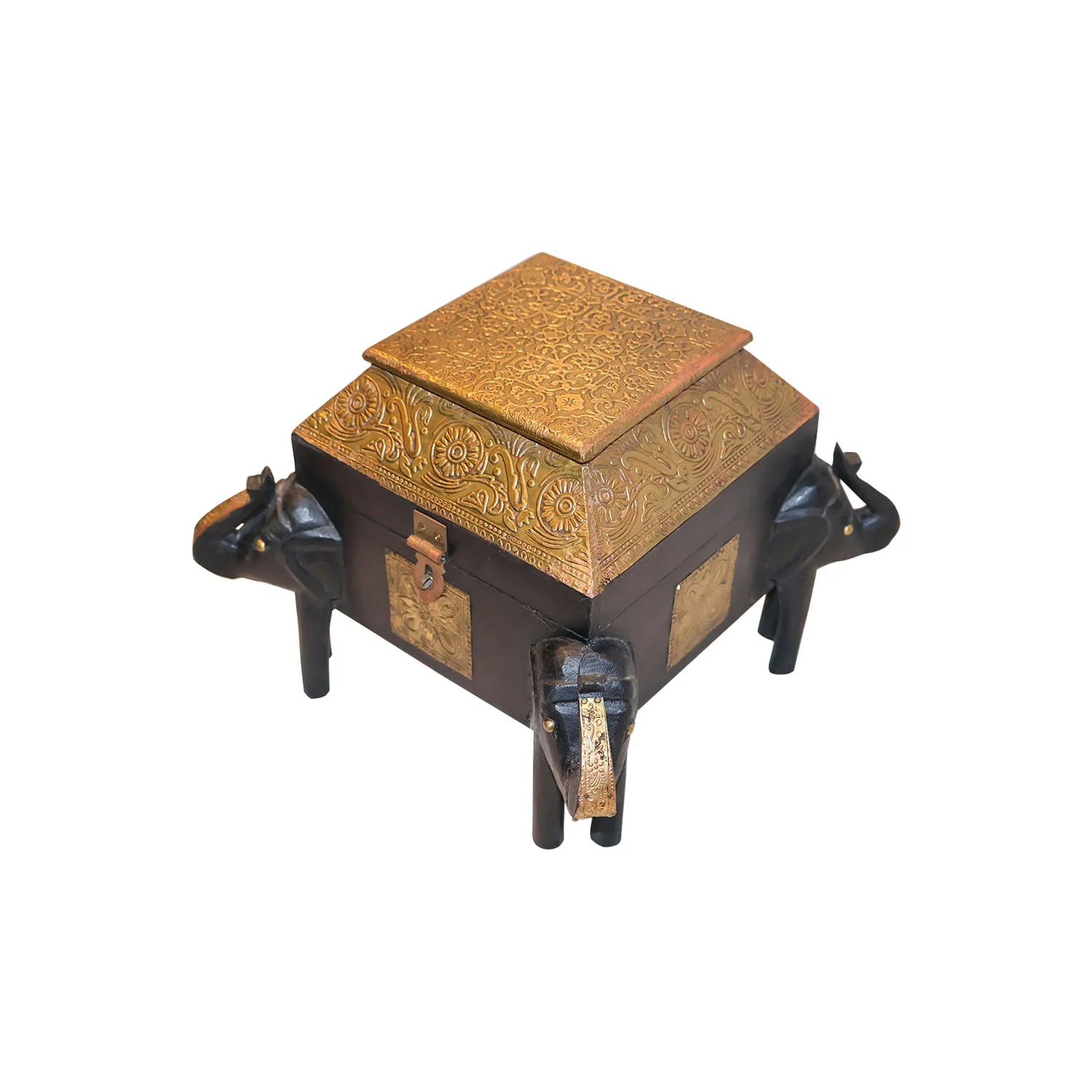 ArtistryBazaar 8"L x 8"W x 6"H inch handmade black square box with golden accents, carved elephant legs, luxurious craftsmanship, a keepsake holder for jewelry, decor, and gifting.