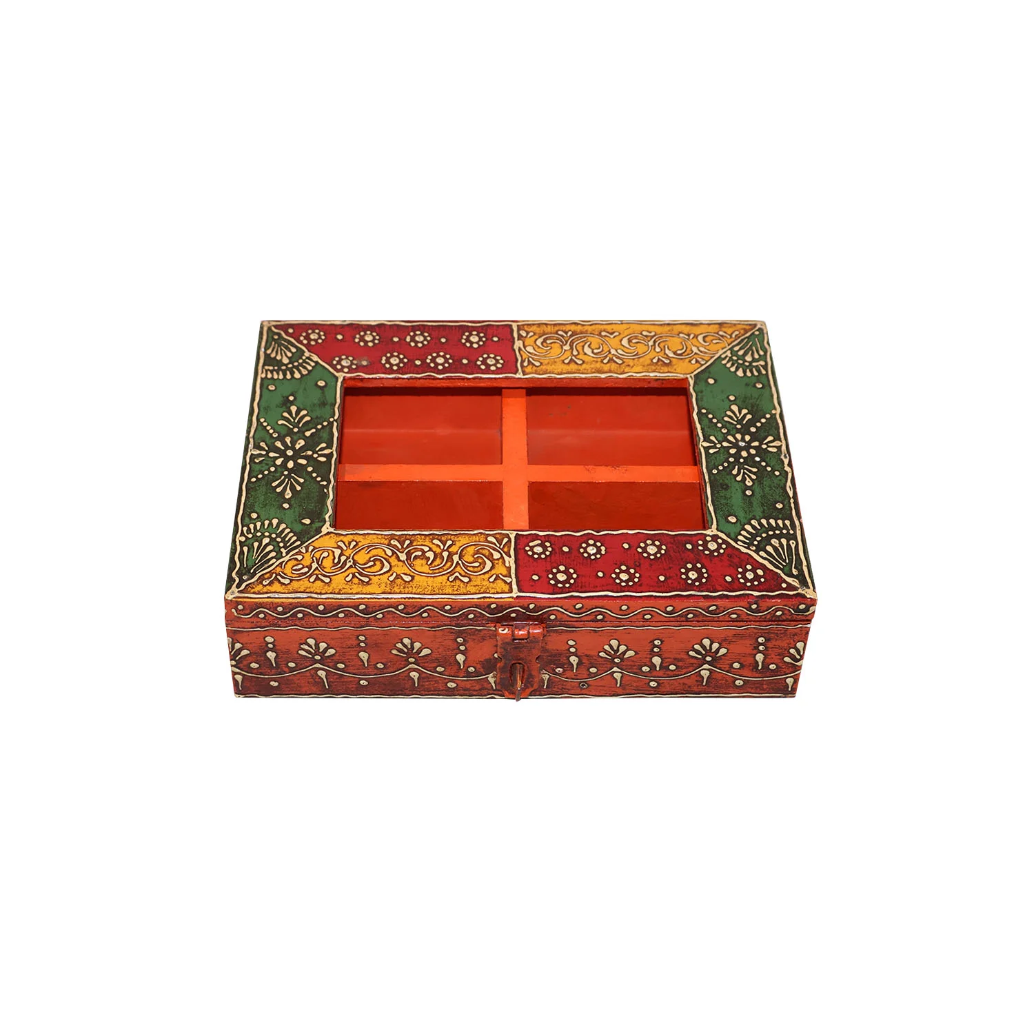ArtistryBazaar 7.2"L x 5.2"W x 2"H inch hand-painted wooden storage box, ideal for dry fruits, jewelry, spices & more, keepsake with 4 compartments & festive multicolor design.