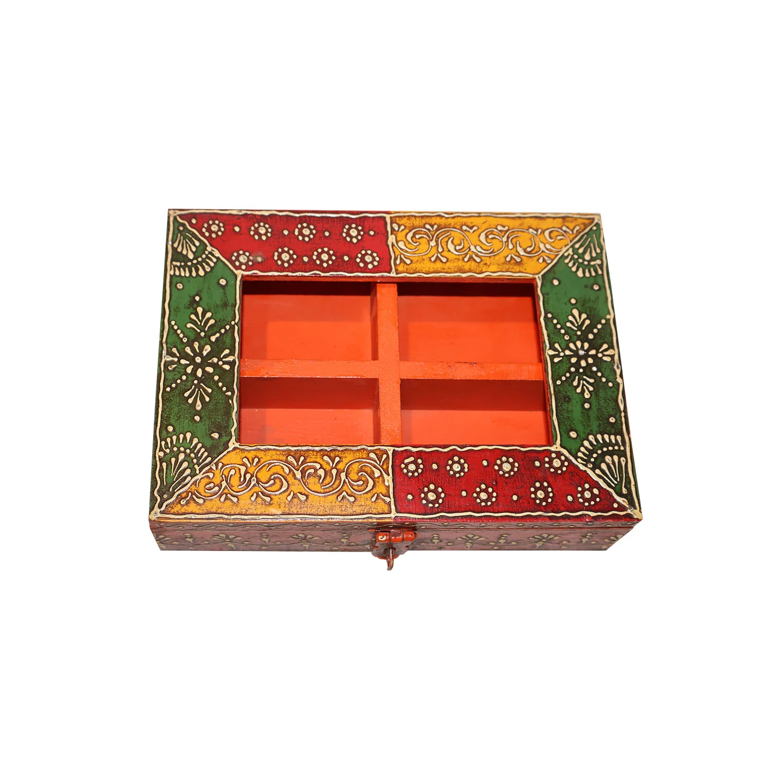 ArtistryBazaar 7.2"L x 5.2"W x 2"H inch hand-painted wooden storage box, ideal for dry fruits, jewelry, spices & more, keepsake with 4 compartments & festive multicolor design.