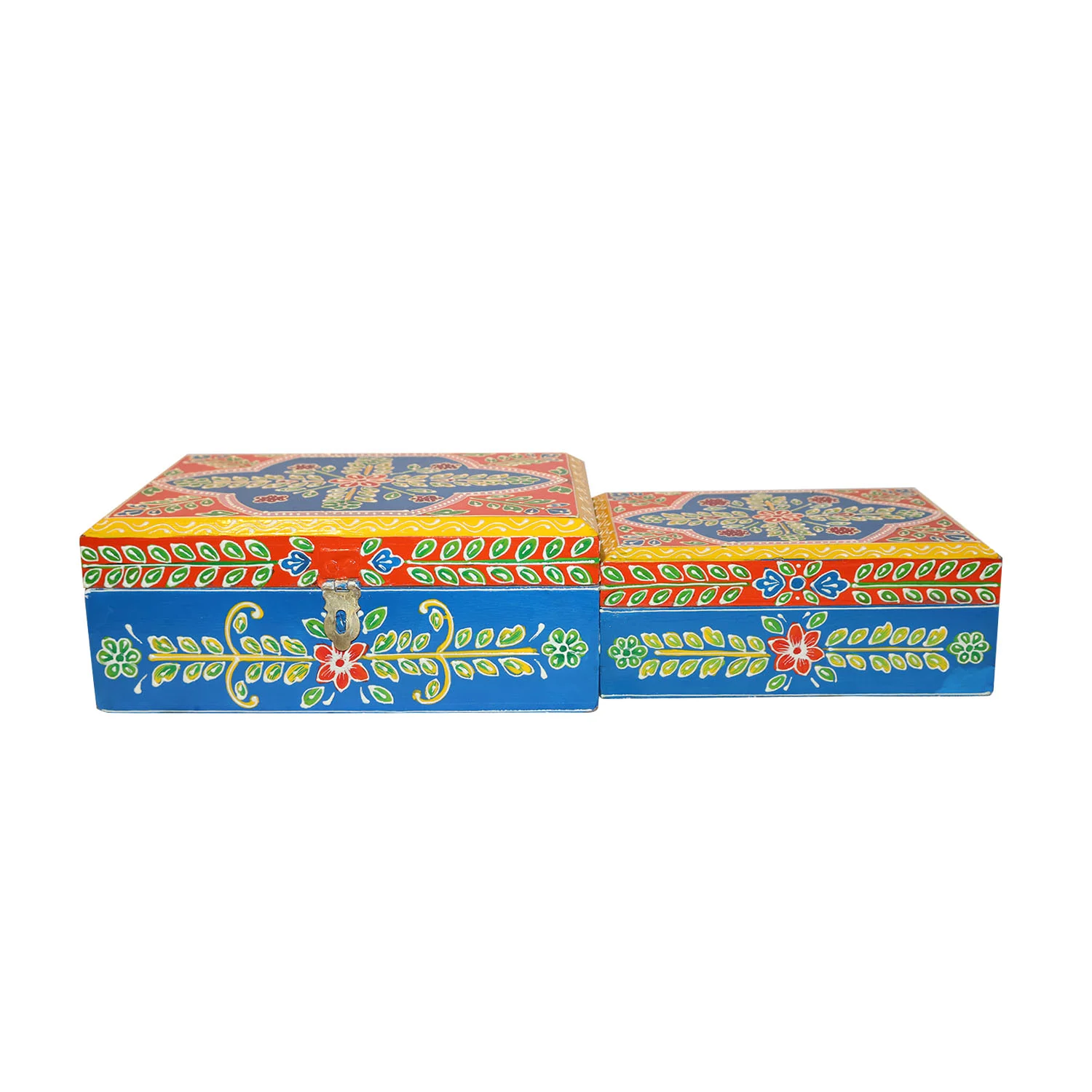 ArtistryBazaar 10"L x 8"W x 4"H inch colorful wooden boxes pair, handcrafted organizers with floral and geometric patterns, made by local artisans, perfect for storage, decoration, and gifting.