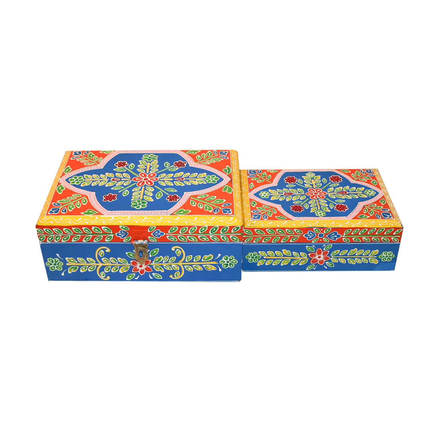 ArtistryBazaar 10"L x 8"W x 4"H inch colorful wooden boxes pair, handcrafted organizers with floral and geometric patterns, made by local artisans, perfect for storage, decoration, and gifting.