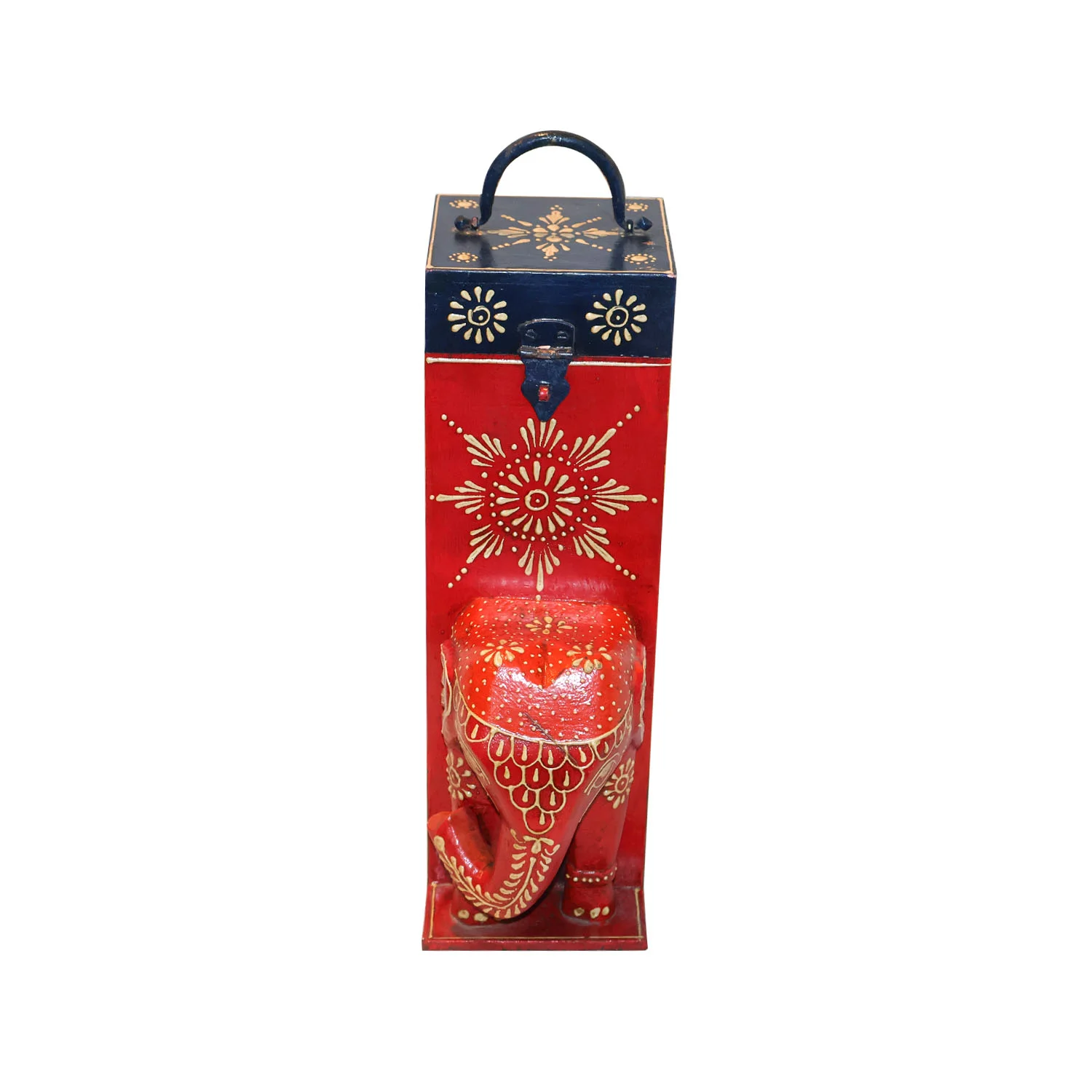 ArtistryBazaar 6.5"L x 4.5"W x 13"H inch handmade colorful wine bottle holder, elephant design on the front, hinged lid, perfect for champagne, bordeaux or Salmanazar bottles.