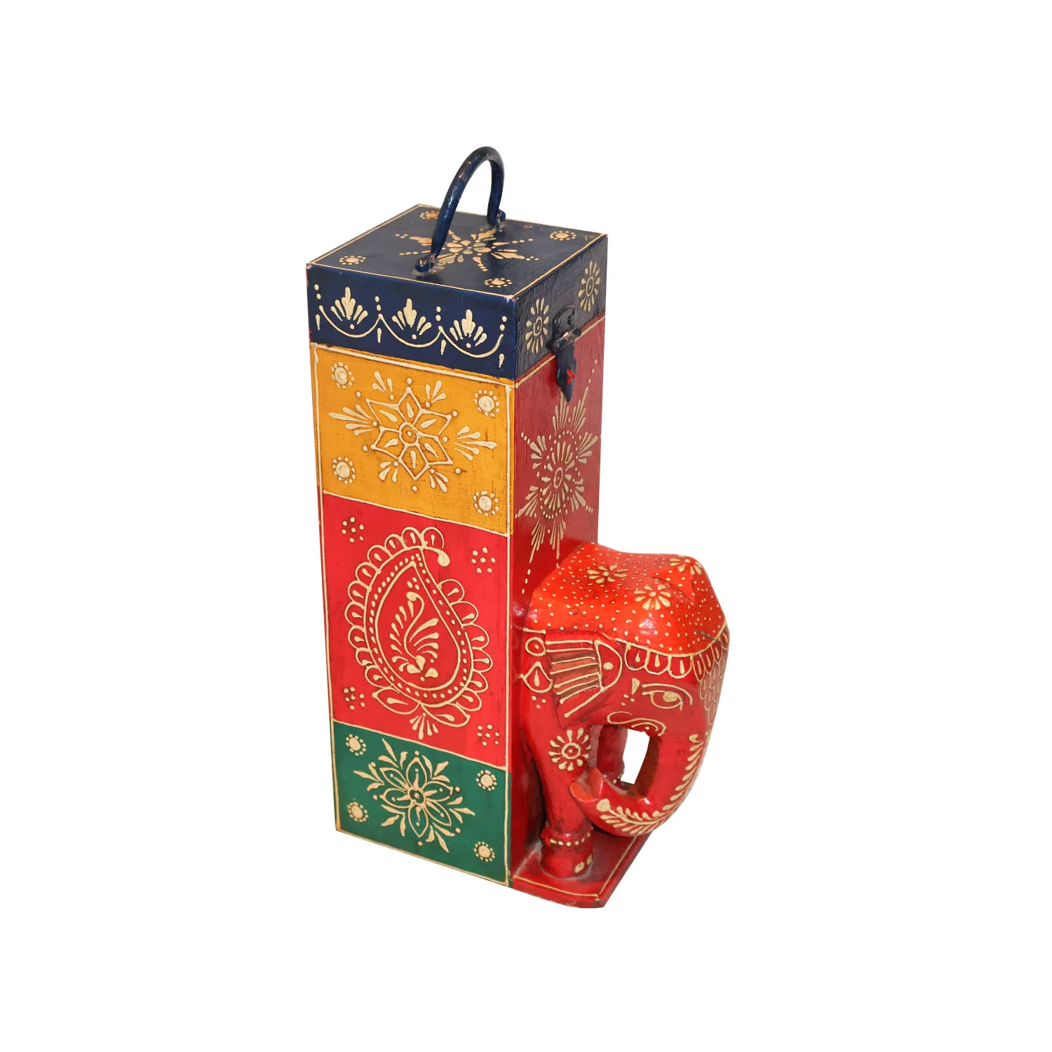 ArtistryBazaar 6.5"L x 4.5"W x 13"H inch handmade colorful wine bottle holder, elephant design on the front, hinged lid, perfect for champagne, bordeaux or Salmanazar bottles.
