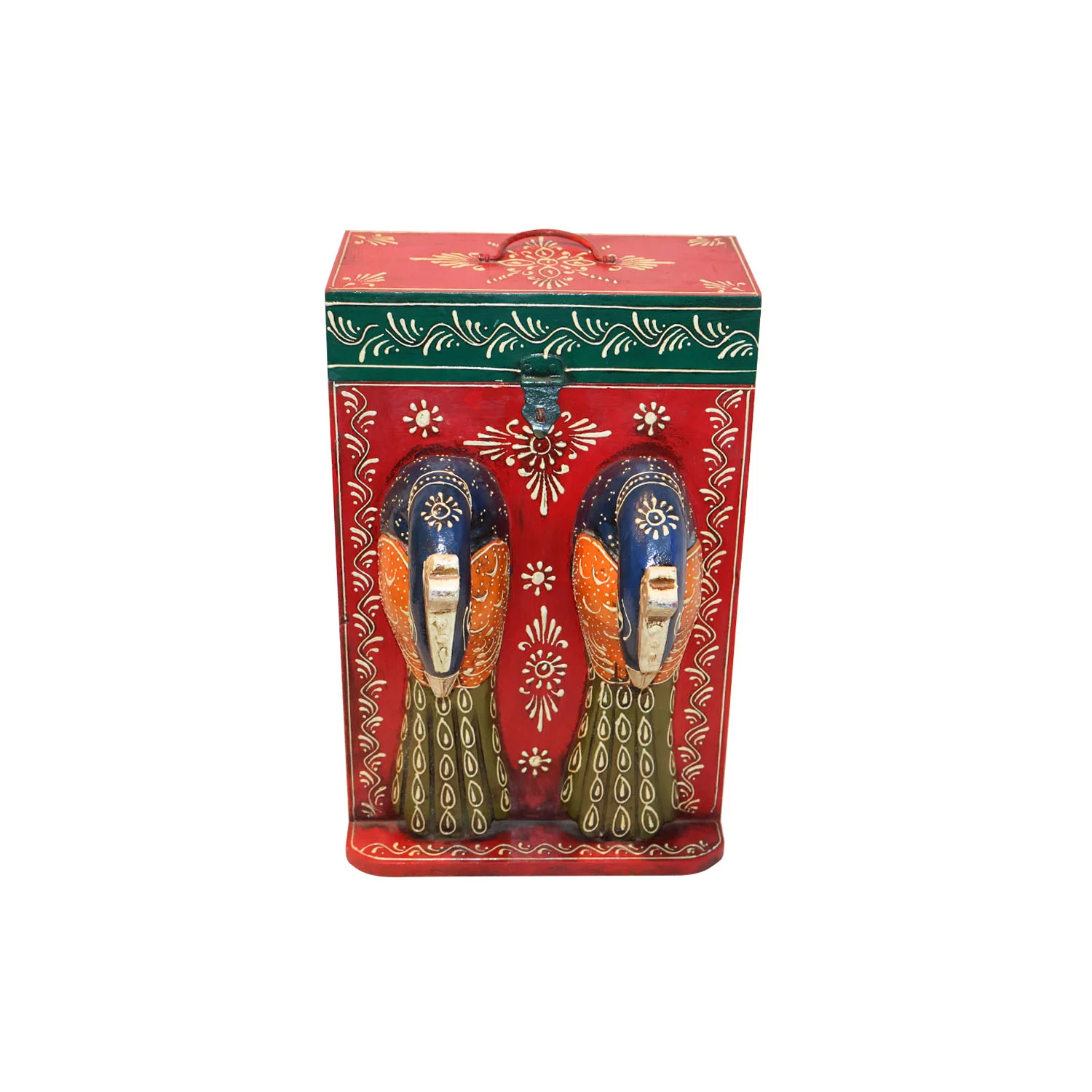 ArtistryBazaar 9.5"L x 6"W x 14"H inch wooden dual wine bottle holder, handmade by local artisans, painted figures of females wearing traditional clothes, practical storage solution for your household.