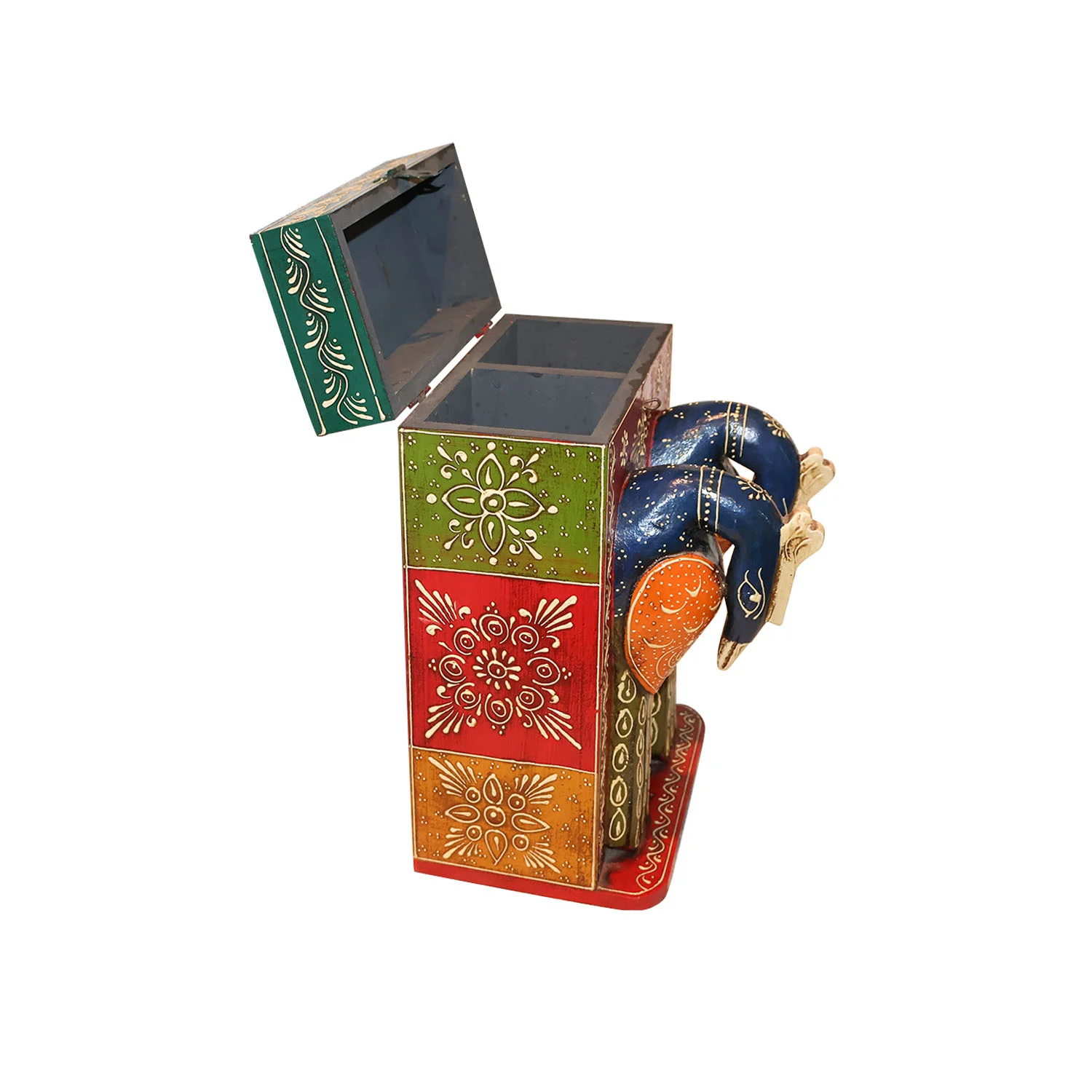 ArtistryBazaar 9.5"L x 6"W x 14"H inch wooden dual wine bottle holder, handmade by local artisans, painted figures of females wearing traditional clothes, practical storage solution for your household.