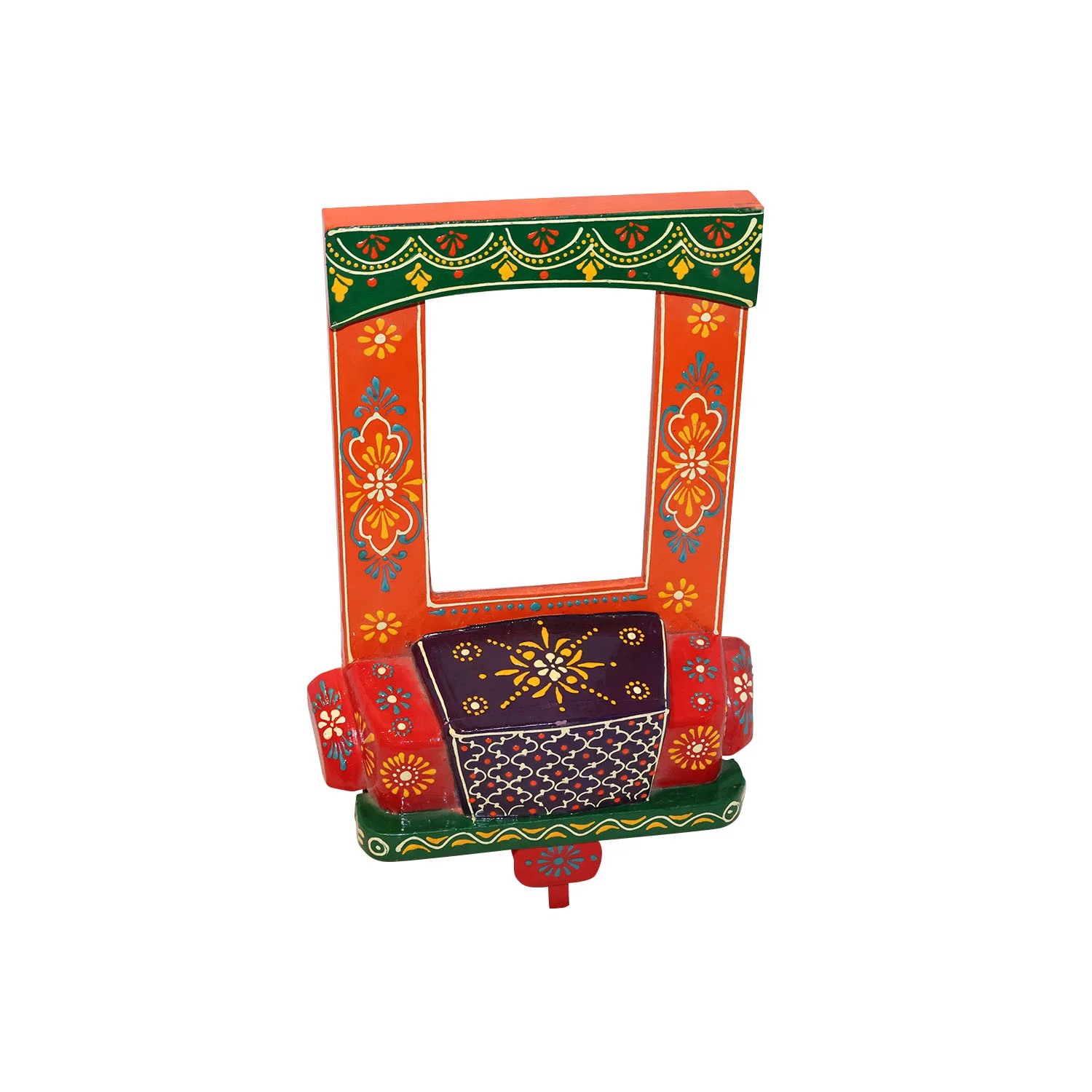 ArtistryBazaar 8"L x 0.5"W x 12.5"H inch hand-painted wooden photo frame, dynamic floral patterns, glossy finish, unique cart design, artistic display for photos or art in any room.