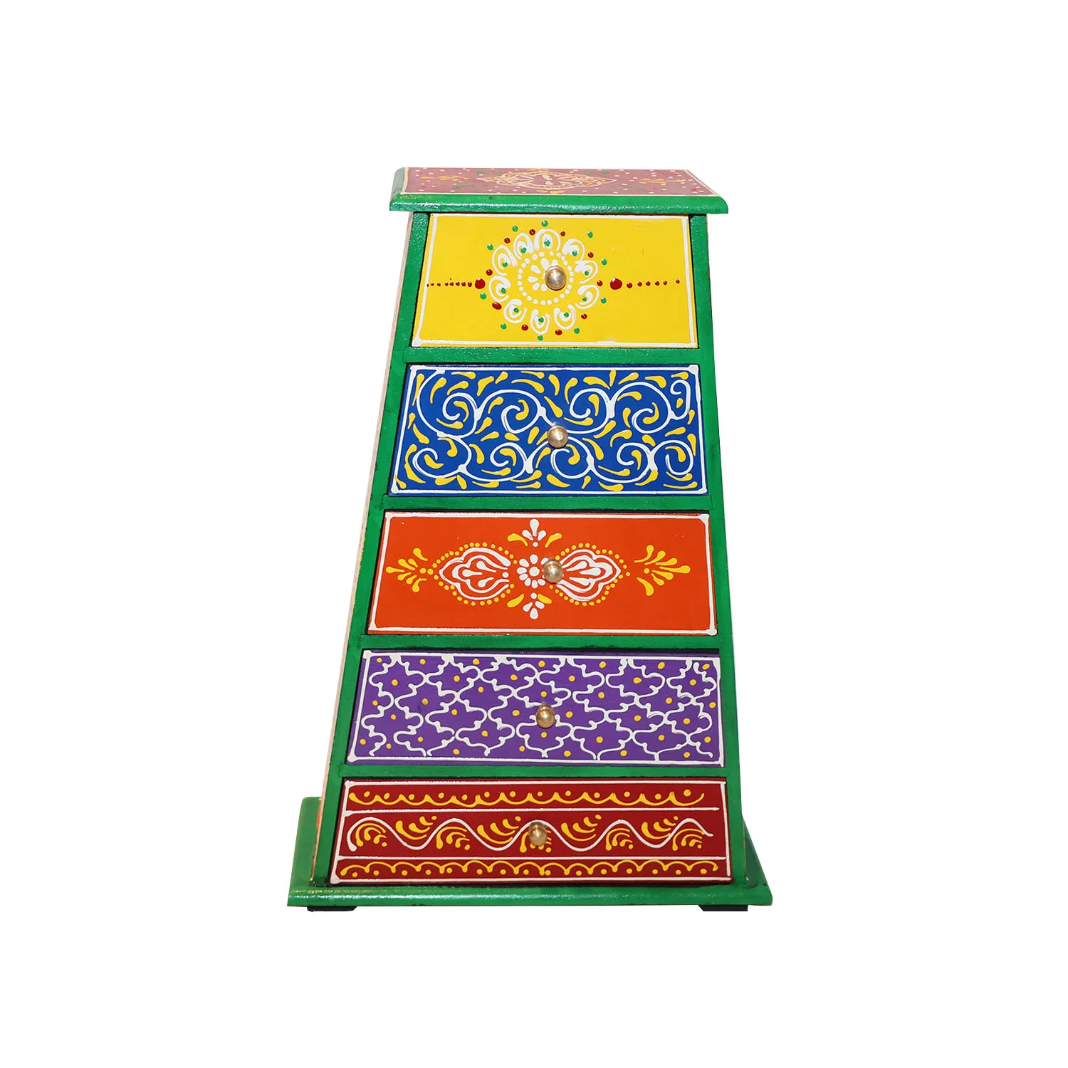 ArtistryBazaar 10"L x 4"W x 14"H inch 100% handmade triangular wooden storage organizer, 5 hand-painted drawers in bright colors, space-saving container for jewelry, trinkets, craft supplies, and more.