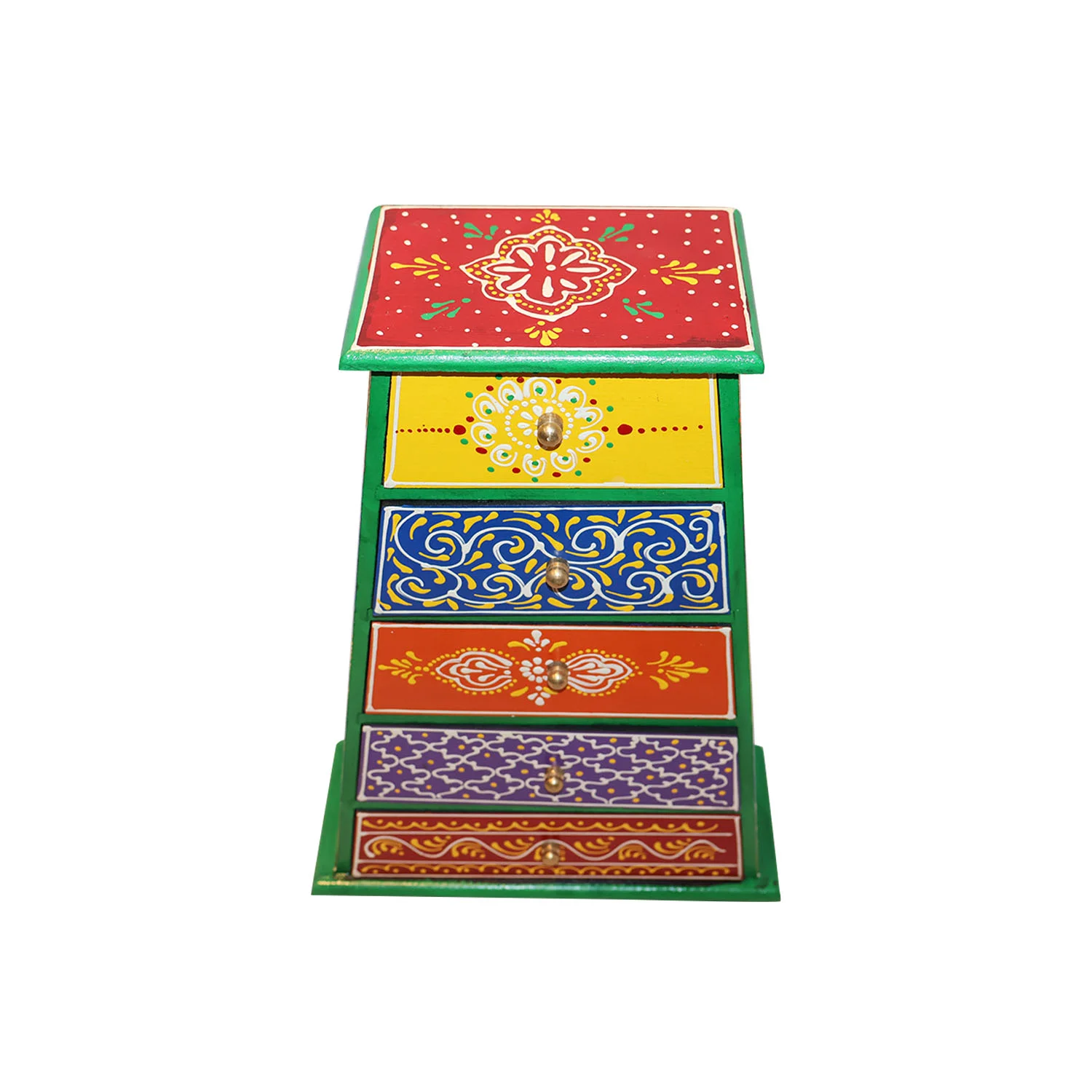 ArtistryBazaar 10"L x 4"W x 14"H inch 100% handmade triangular wooden storage organizer, 5 hand-painted drawers in bright colors, space-saving container for jewelry, trinkets, craft supplies, and more.