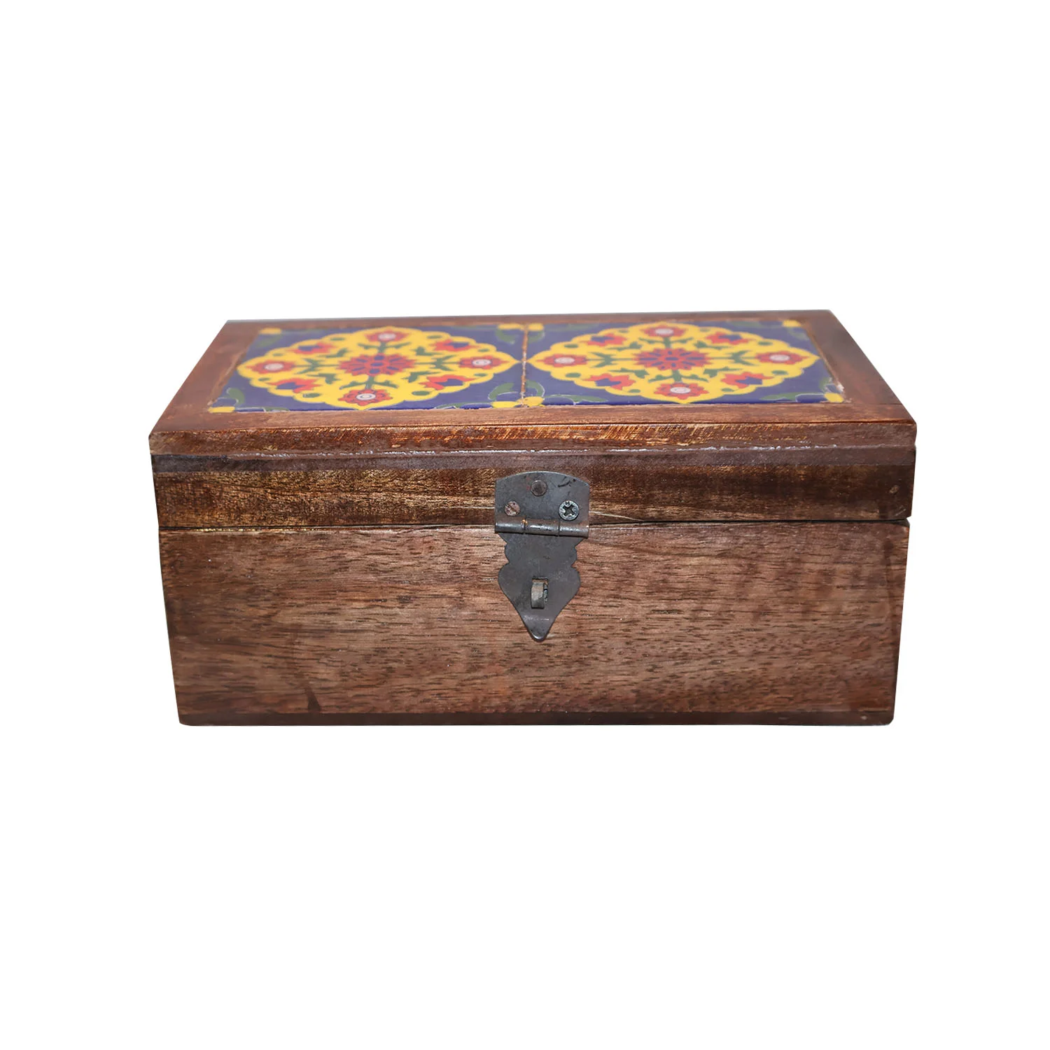 ArtistryBazaar 9"L x 5"W x 4"H inch handmade rectangular wooden storage box, bold mosaic lid, beautiful floral design, colorful shades, antiqued beauty, a reminder of handmade tradition.