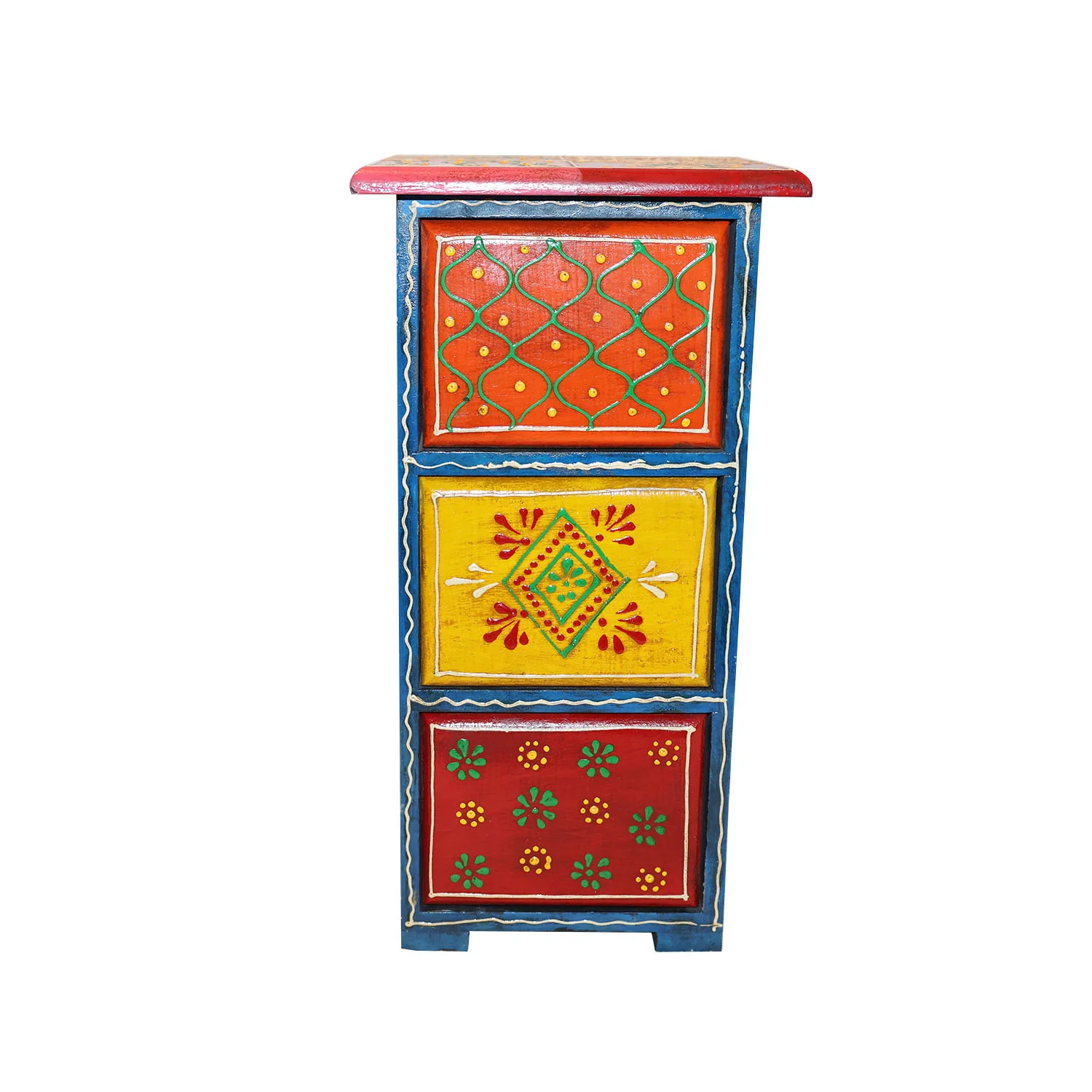 ArtistryBazaar 5.5"L x 5"W x 10.5"H inch eye-catching wooden storage box, handcrafted in bright blue frame, three hand-painted drawers, introducing artisan style to modern interiors!