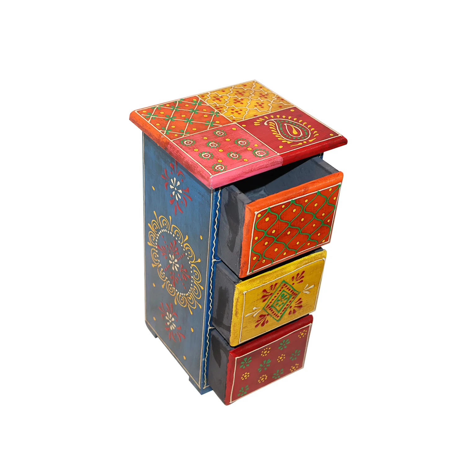 ArtistryBazaar 5.5"L x 5"W x 10.5"H inch eye-catching wooden storage box, handcrafted in bright blue frame, three hand-painted drawers, introducing artisan style to modern interiors!