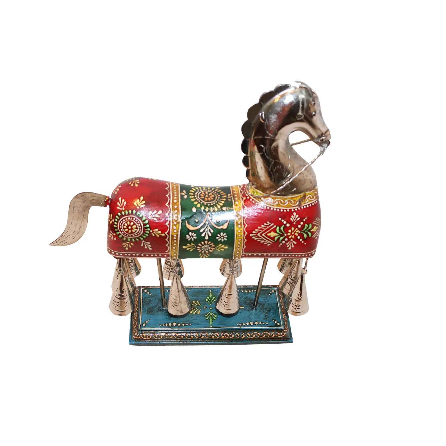 ArtistryBazaar 11"L x 3.5"W x 13"H inch handmade wooden horse showpiece, colorful decor item with dangling bells, made by local artisans, appropriate for your home and office.