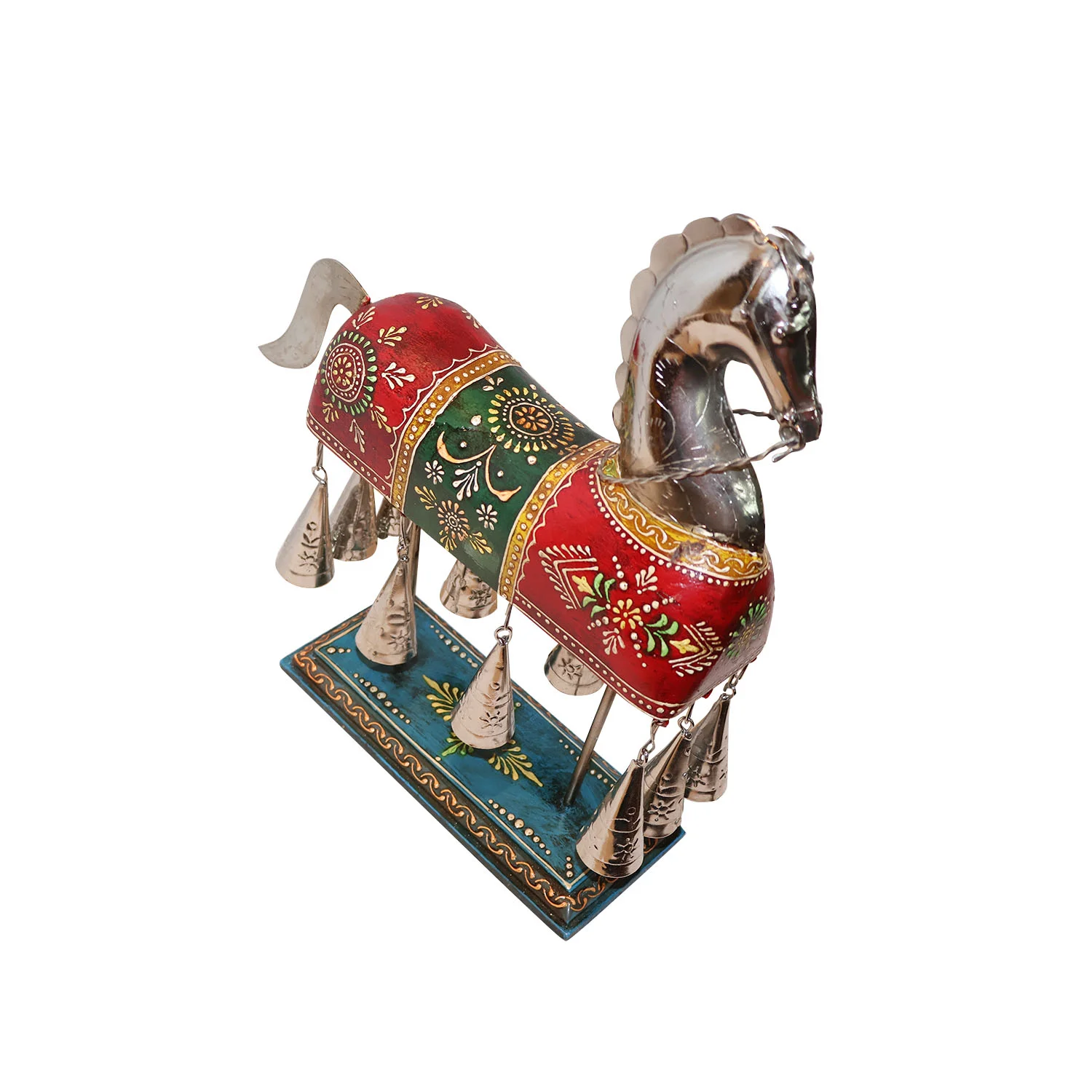 ArtistryBazaar 11"L x 3.5"W x 13"H inch handmade wooden horse showpiece, colorful decor item with dangling bells, made by local artisans, appropriate for your home and office.
