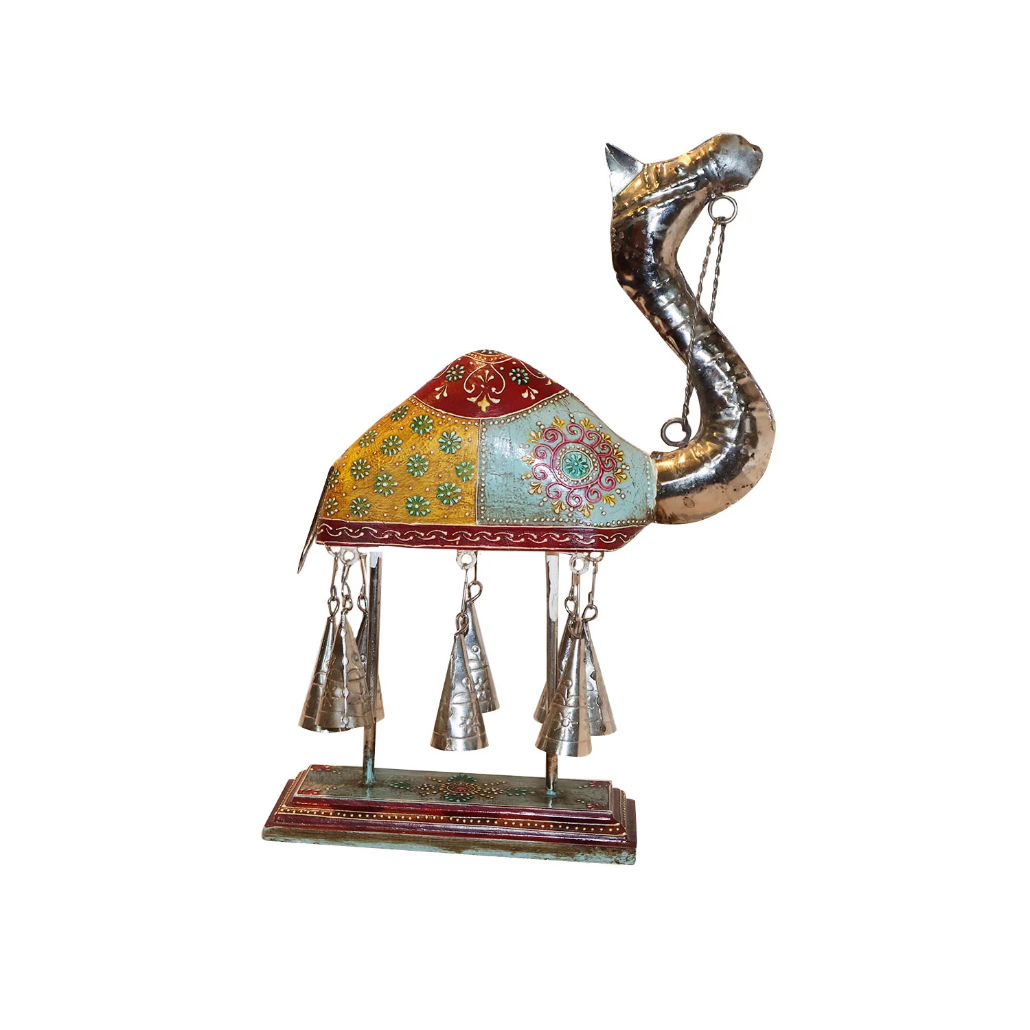 ArtistryBazaar 10"L x 3"W x 14"H inch handmade wooden horse display, ethnic flair with bold patterns, metallic silver accents, and decorative bells, perfect for home decor, festive themes, or unique gifting.