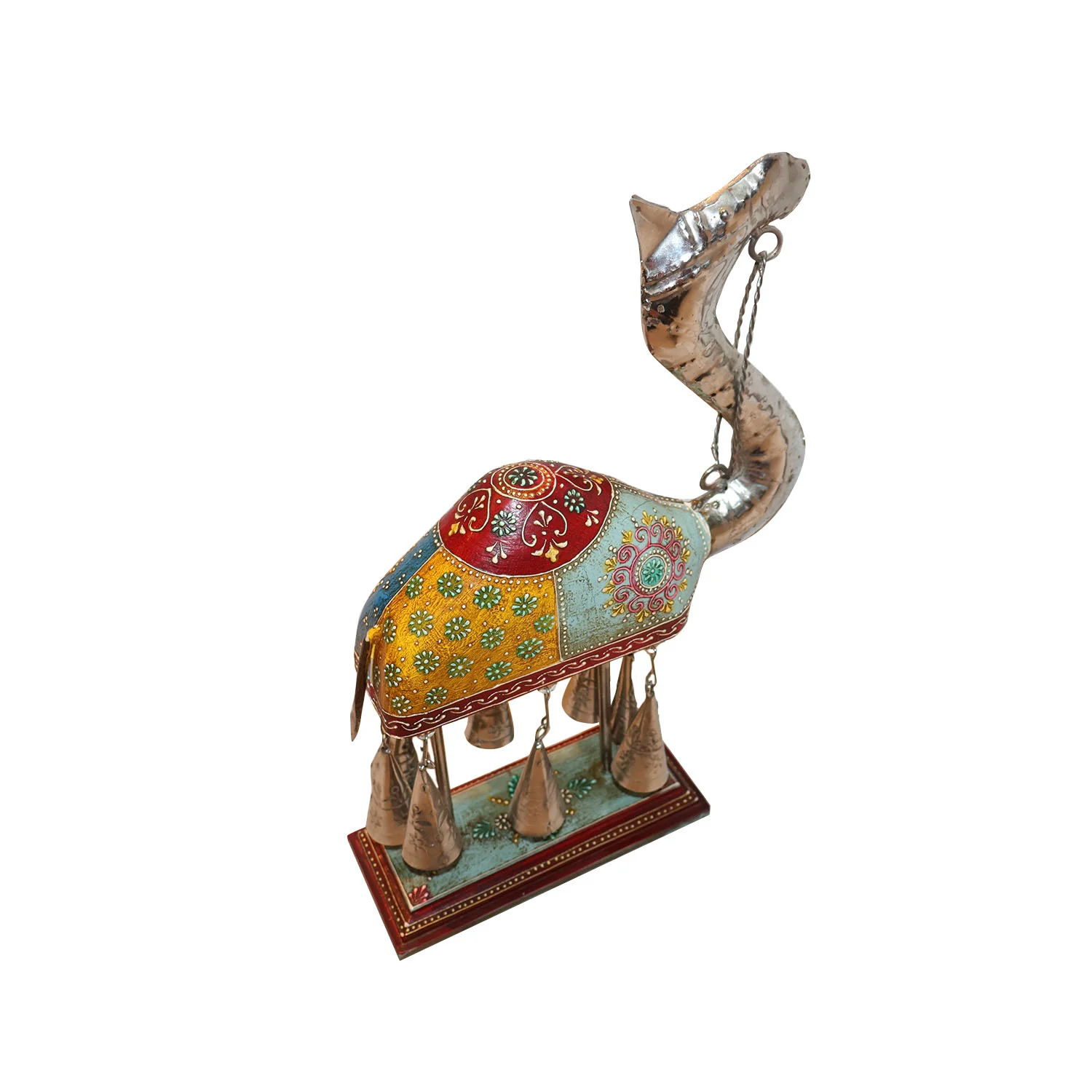 ArtistryBazaar 10"L x 3"W x 14"H inch handmade wooden horse display, ethnic flair with bold patterns, metallic silver accents, and decorative bells, perfect for home decor, festive themes, or unique gifting.