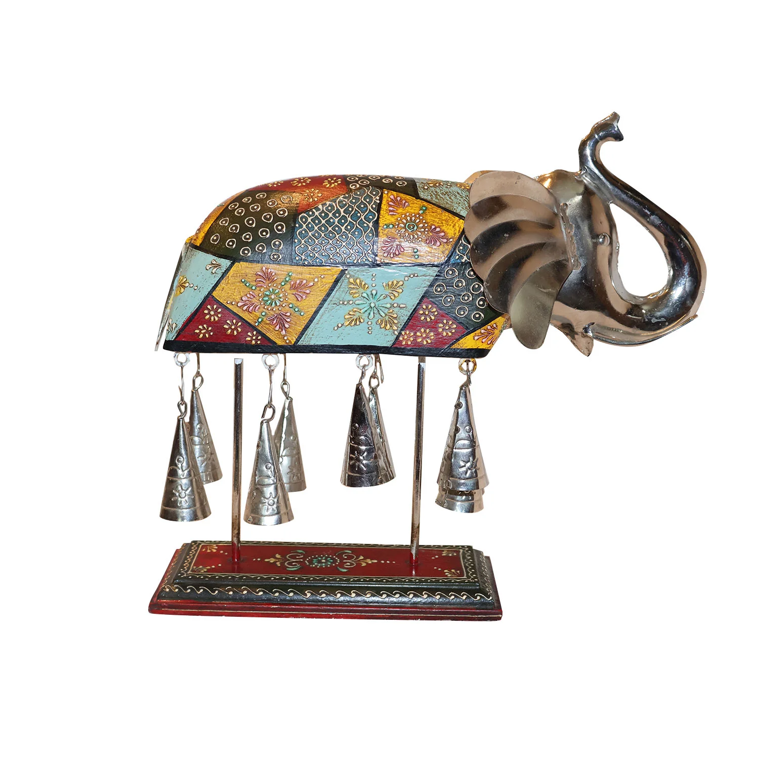 ArtistryBazaar 12.5"L x 3.5"W x 11"H inch handmade wooden elephant centerpiece, vivid colors, silver details, festive hanging bells for home decor, memorable gifts, or ethnic styling.
