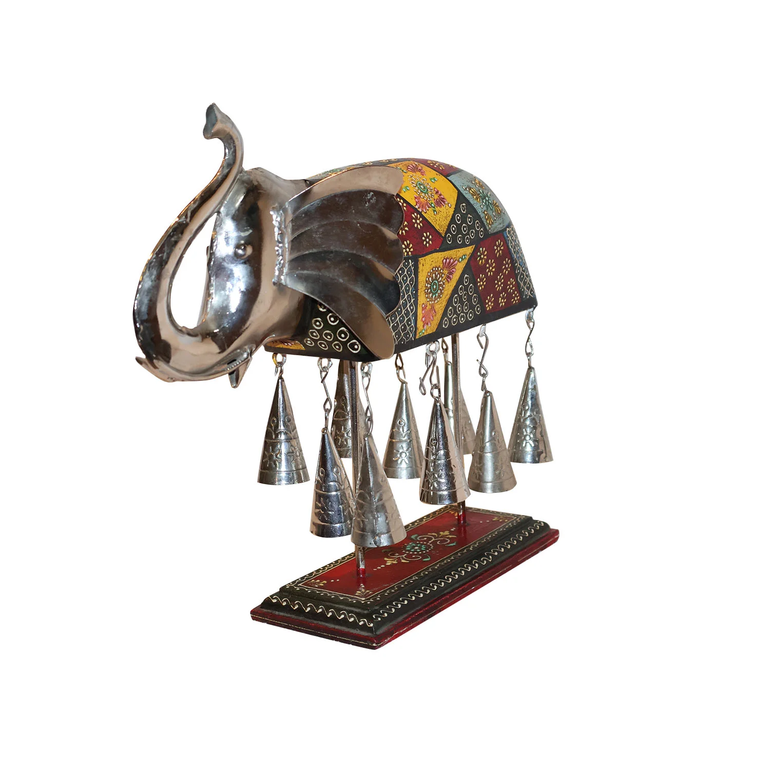 ArtistryBazaar 12.5"L x 3.5"W x 11"H inch handmade wooden elephant centerpiece, vivid colors, silver details, festive hanging bells for home decor, memorable gifts, or ethnic styling.