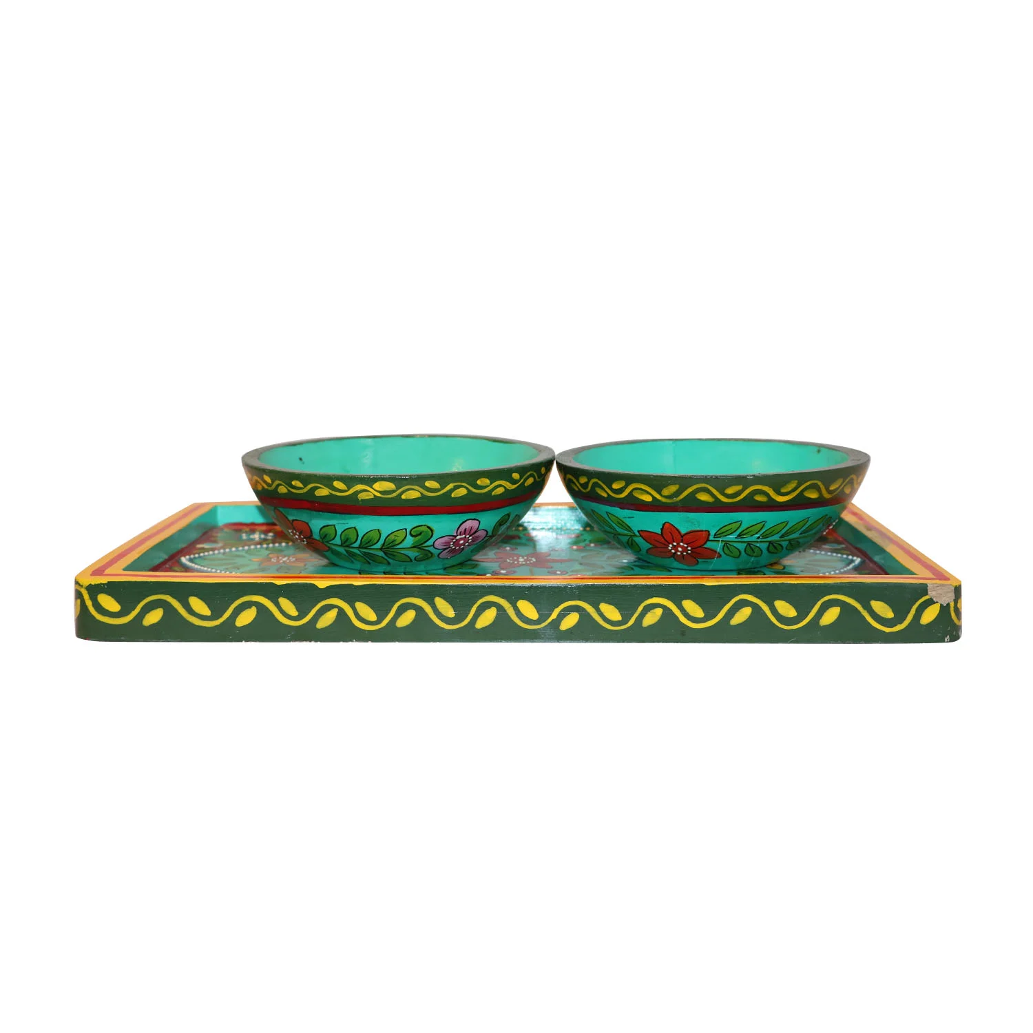 ArtistryBazaar 14"L x 8"W x 1"H inch aqua blue wooden tray with two aqua bowls, serving platter with hand-painted floral designs, yellow border for snacks, dips, or table display.
