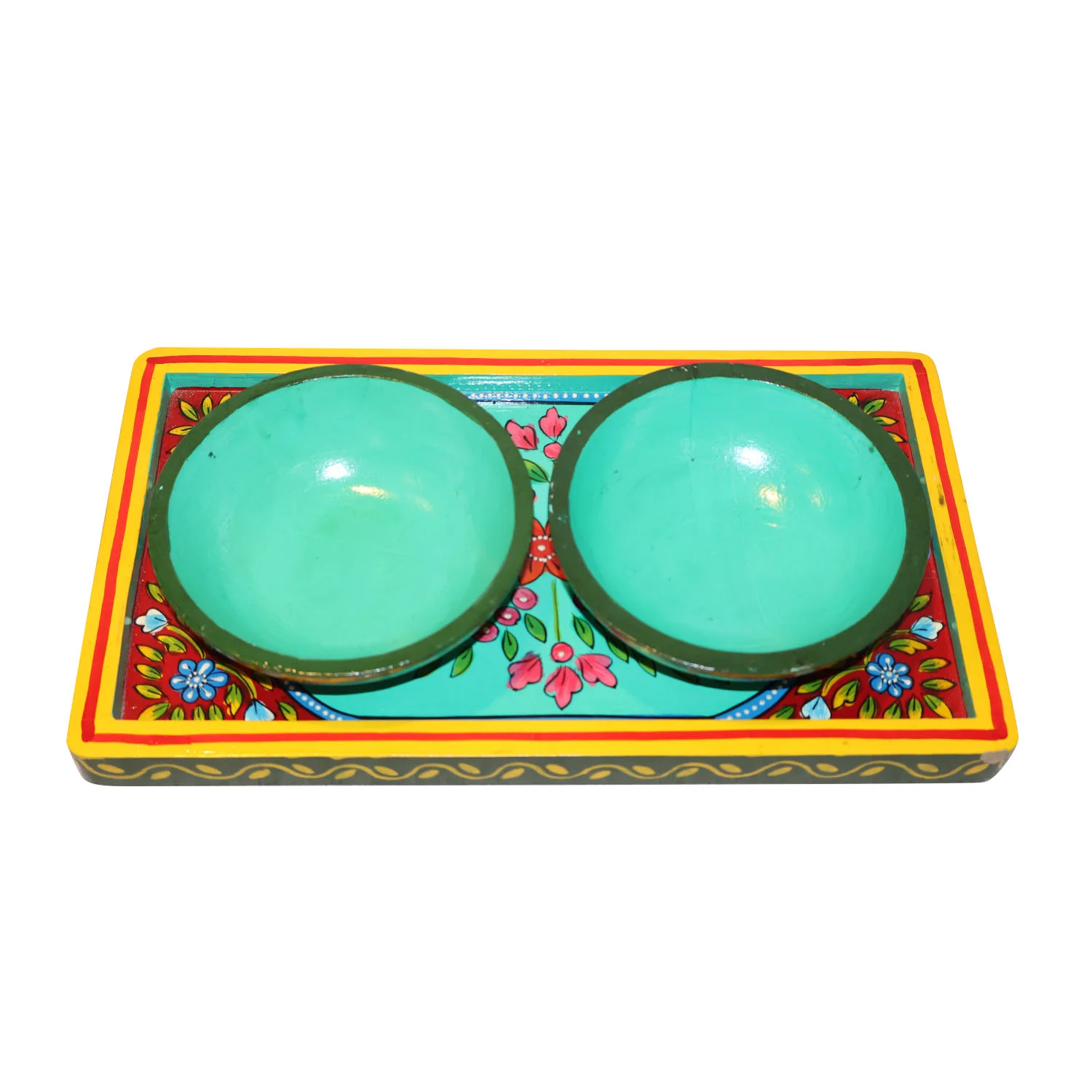 ArtistryBazaar 14"L x 8"W x 1"H inch aqua blue wooden tray with two aqua bowls, serving platter with hand-painted floral designs, yellow border for snacks, dips, or table display.