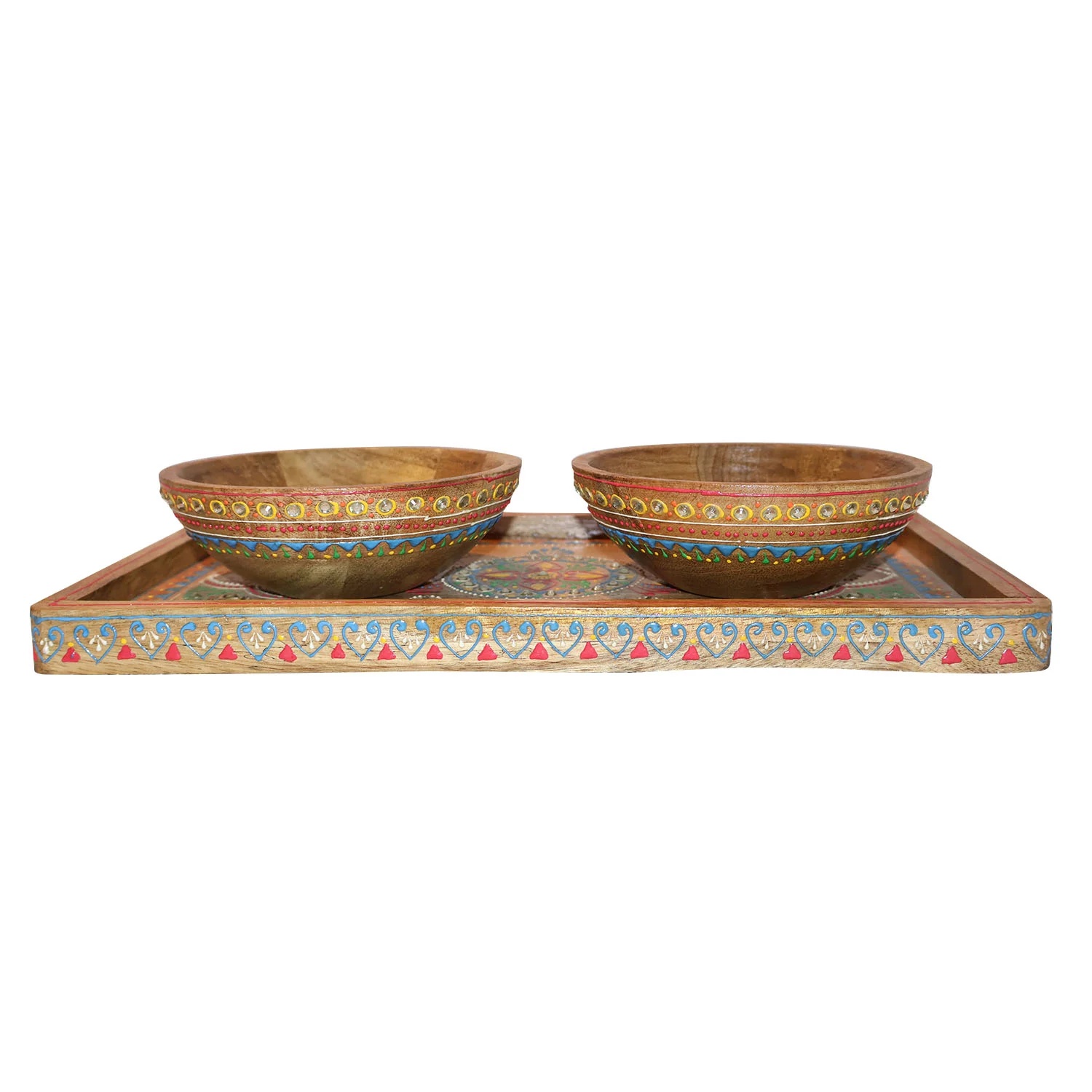 ArtistryBazaar 14"L x 8"W x 1"H inch wooden serving tray with set of bowls, compact size, handmade by the local artisans, best tray for snacks, decor & more!