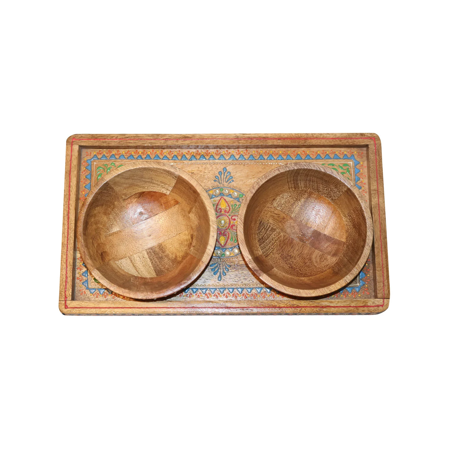 ArtistryBazaar 14"L x 8"W x 1"H inch wooden serving tray with set of bowls, compact size, handmade by the local artisans, best tray for snacks, decor & more!