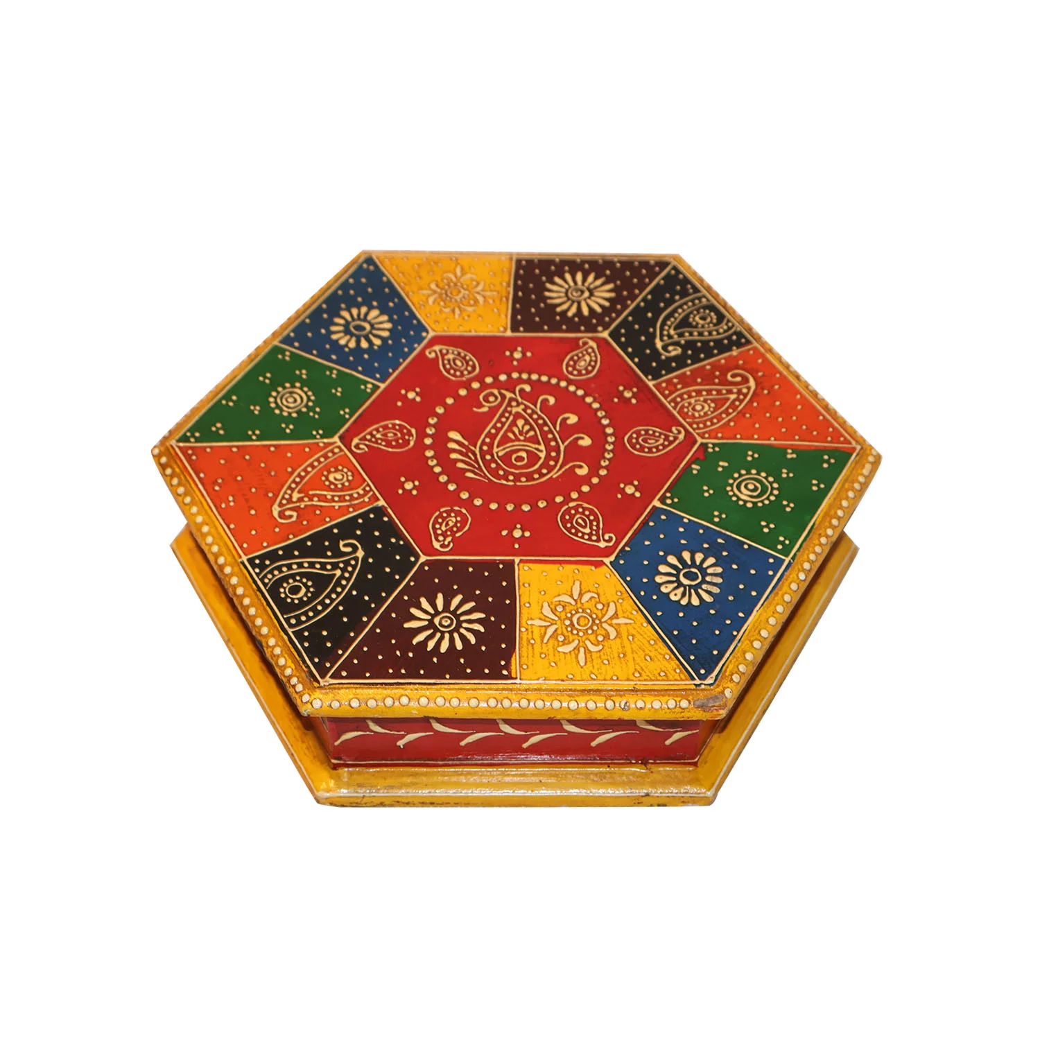ArtistryBazaar 9"L x 9"W x 2"H inch exclusive handmade jewelry box, hexagonal wooden box with golden floral patterns, keep your rings, earrings & more safe, functional decorative item.