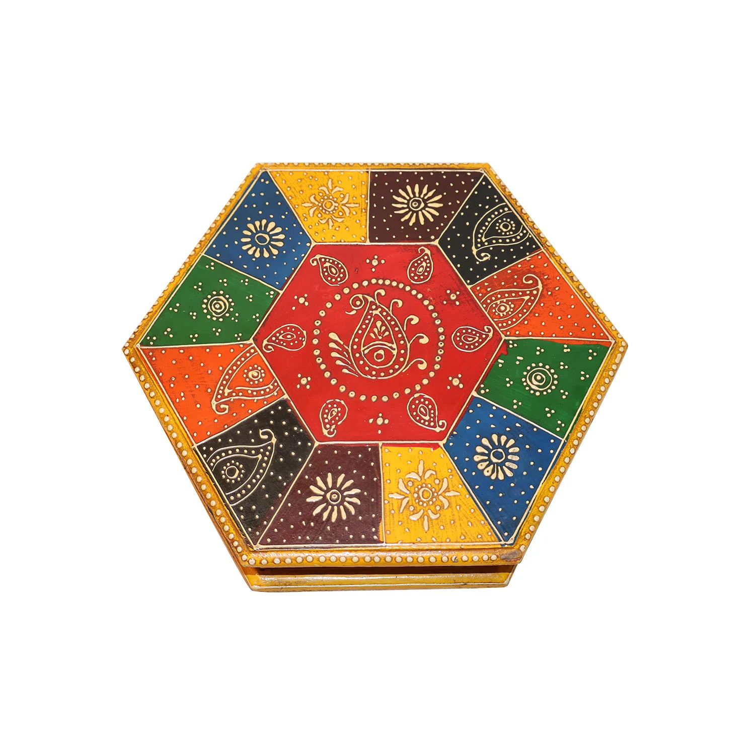 ArtistryBazaar 9"L x 9"W x 2"H inch exclusive handmade jewelry box, hexagonal wooden box with golden floral patterns, keep your rings, earrings & more safe, functional decorative item.
