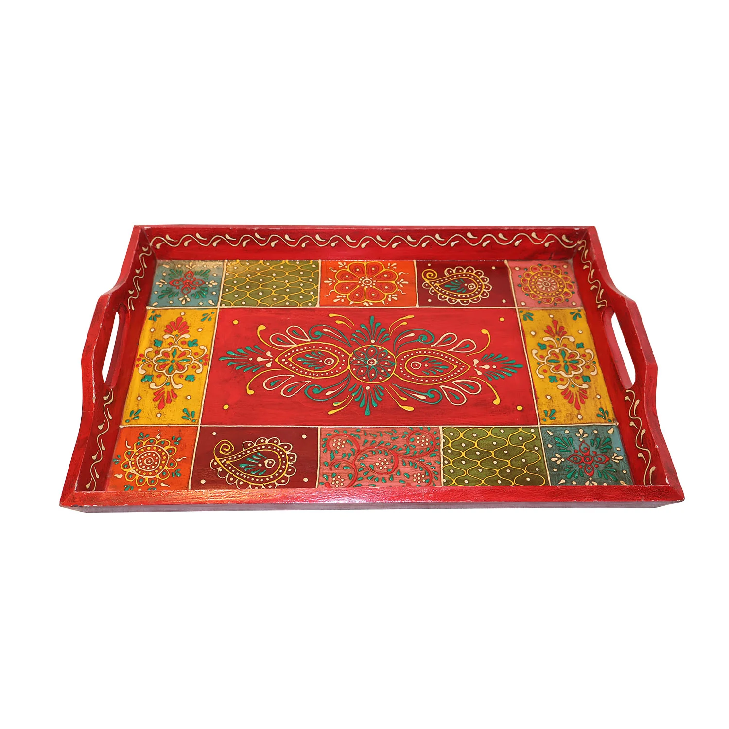 ArtistryBazaar 19"L x 13"W x 2"H inch handmade rectangular wooden serving tray, colorful designs all over it, raised edges & carved handles, ideal for serving, displaying, or gifting
