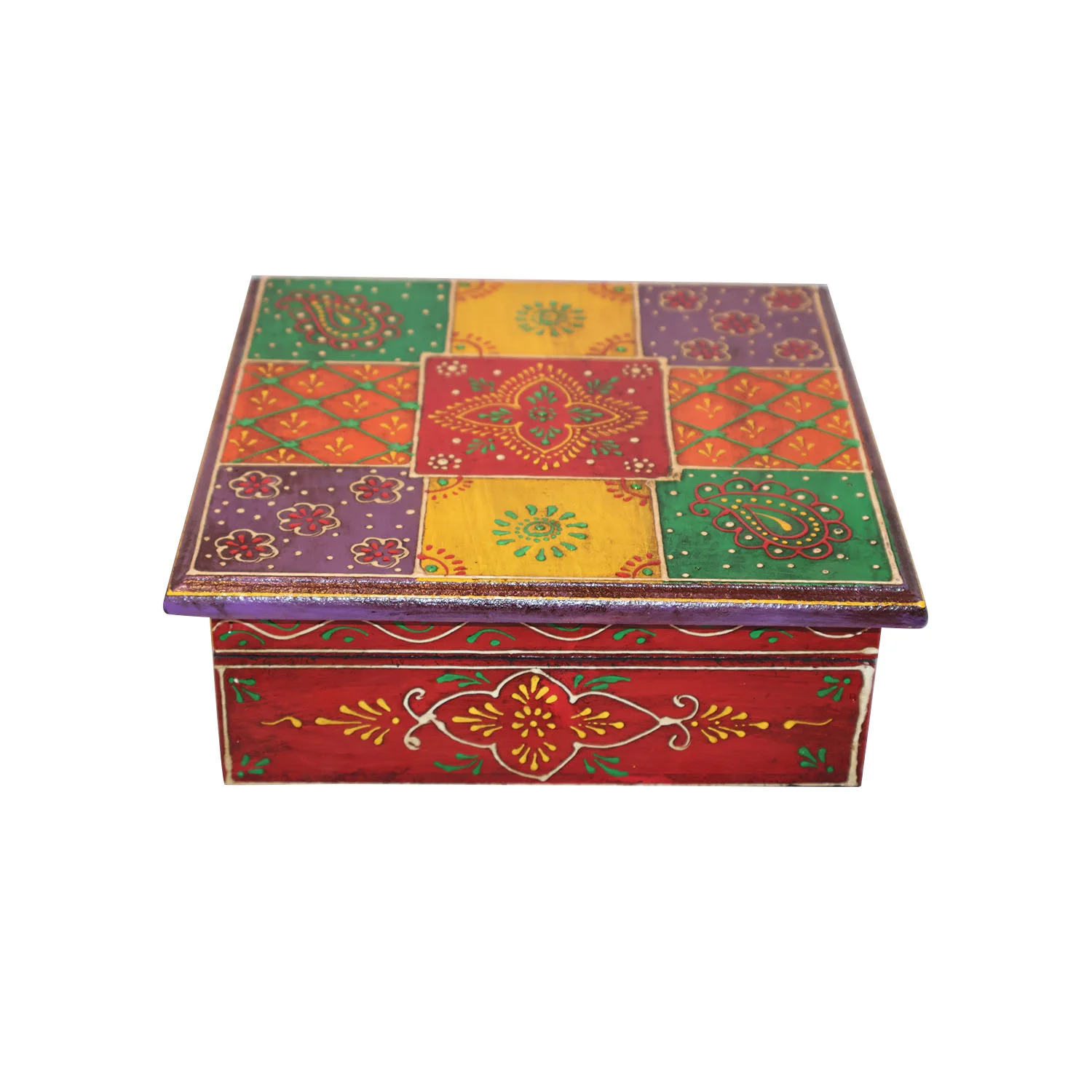 ArtistryBazaar 8"L x 8"W x 3"H inch handmade wooden organizer, festive patchwork design with glowing colors and golden accents, best item for special occasions or your daily essentials.