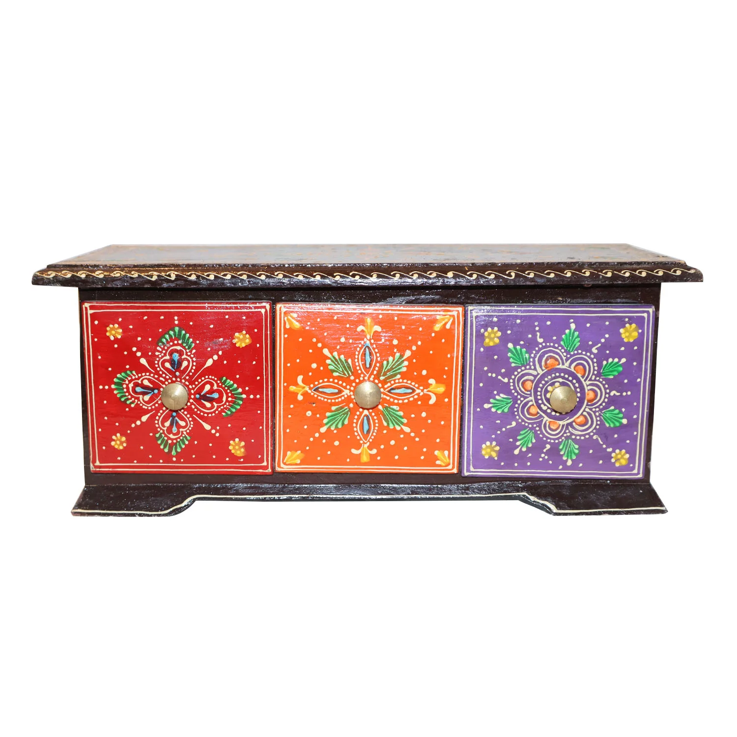 ArtistryBazaar 14"L x 6"W x 5.5"H inch handmade wooden organizer, brown surface, 3 colorful floral drawers with knobs on them, space-saving decor for any room or space.