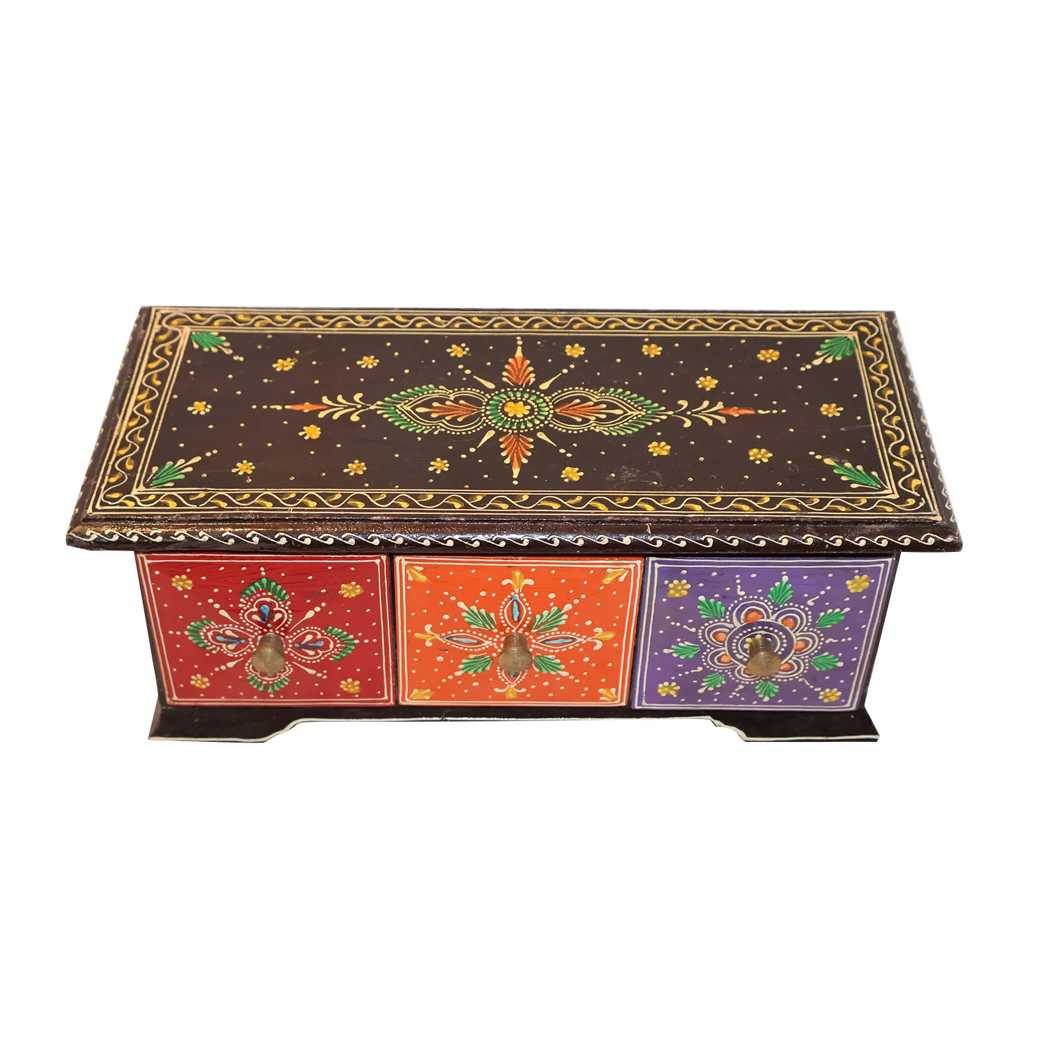 ArtistryBazaar 14"L x 6"W x 5.5"H inch handmade wooden organizer, brown surface, 3 colorful floral drawers with knobs on them, space-saving decor for any room or space.