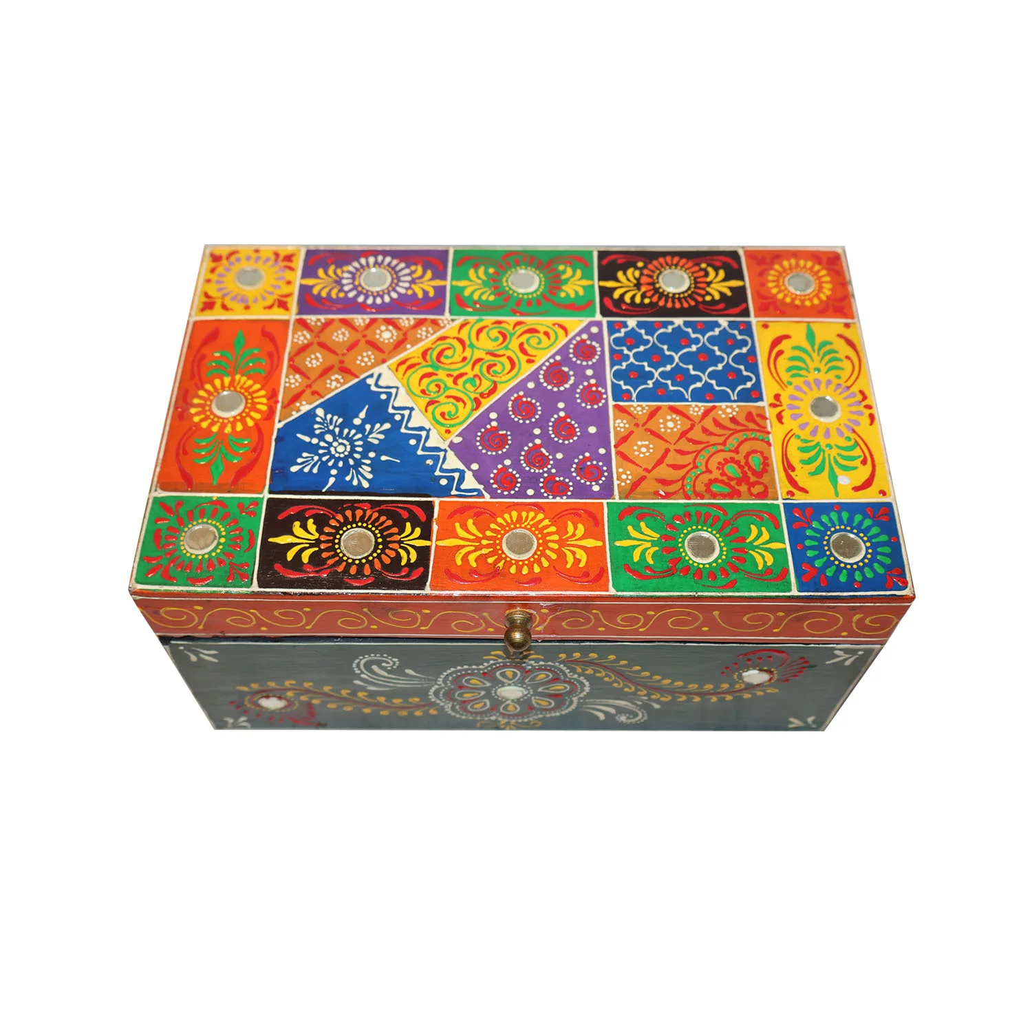 ArtistryBazaar 10.5"L x 6.5"W x 5"H inch handmade wooden organizer, vivid patchwork lid with festive colors, golden floral accents, solid structure for jewelry, keepsakes, & home decor.