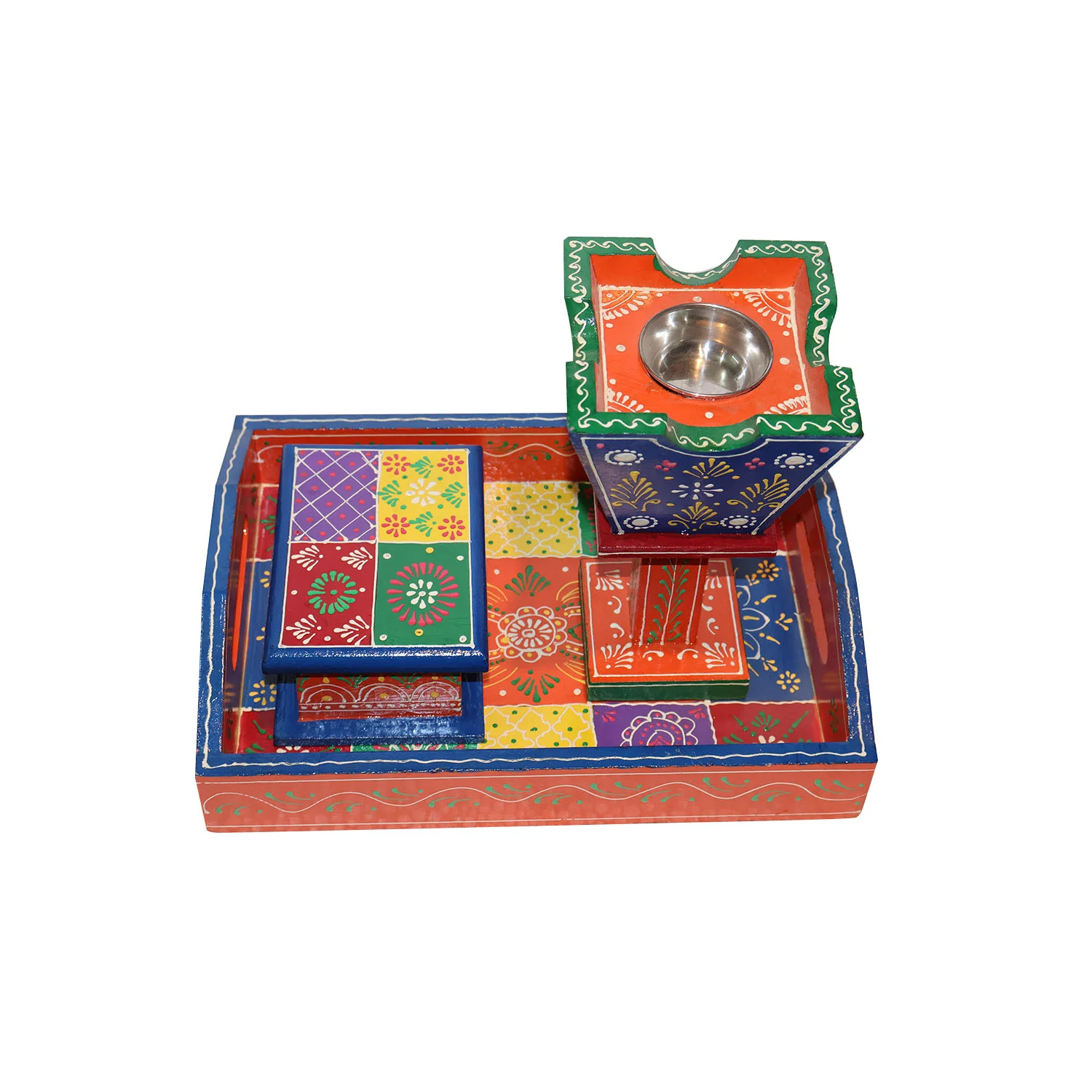 ArtistryBazaar 12"L x 8.8"W x 2"H inch custom utility set of 3 pieces, wooden serving tray, candle holder, & jewelry box, 100% handmade by artisans in multiple colors.