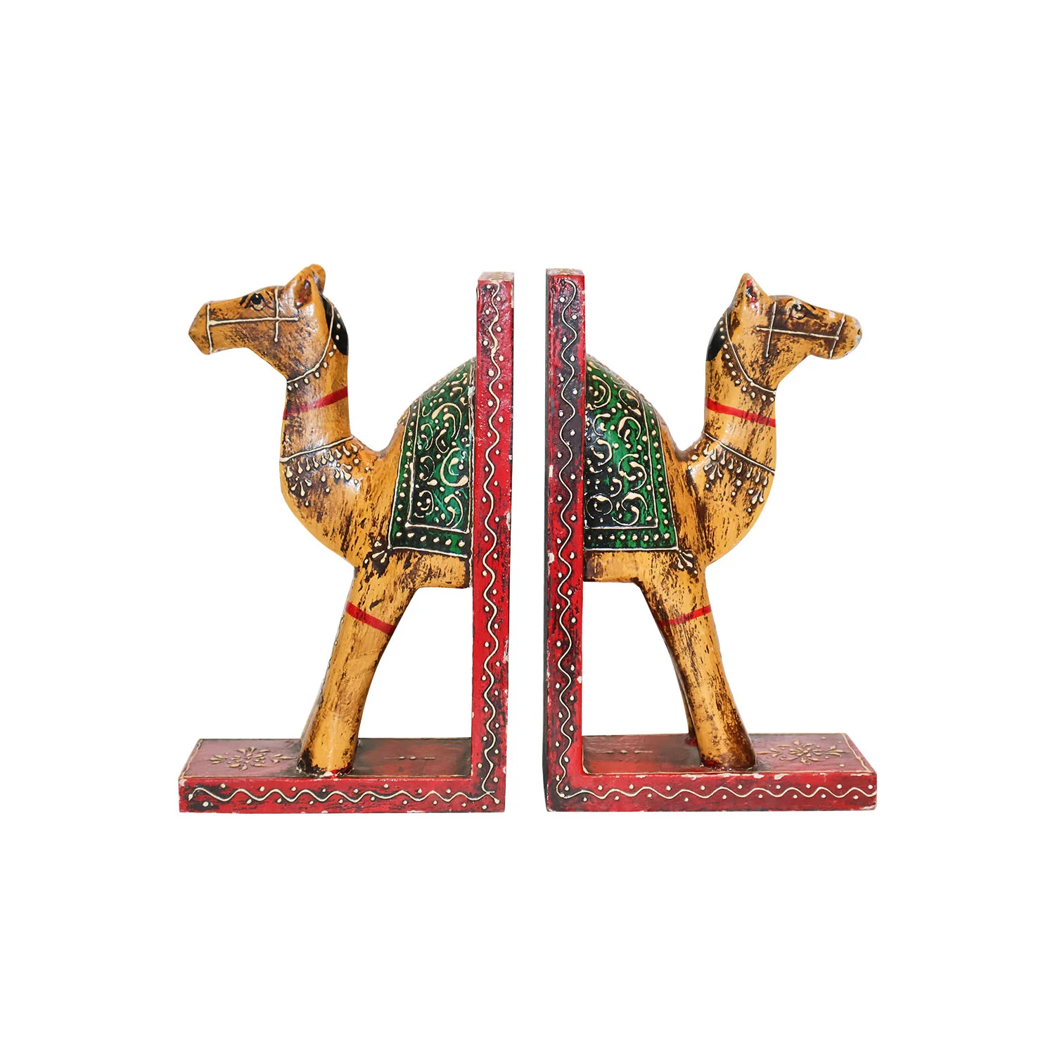 ArtistryBazaar 11 "L x 3"W x 9"H inch handmade wooden camel-shaped bookends, hand-painted traditional design, stylish organizer for books, ideal for book lovers and art enthusiasts, vibrant home decor.