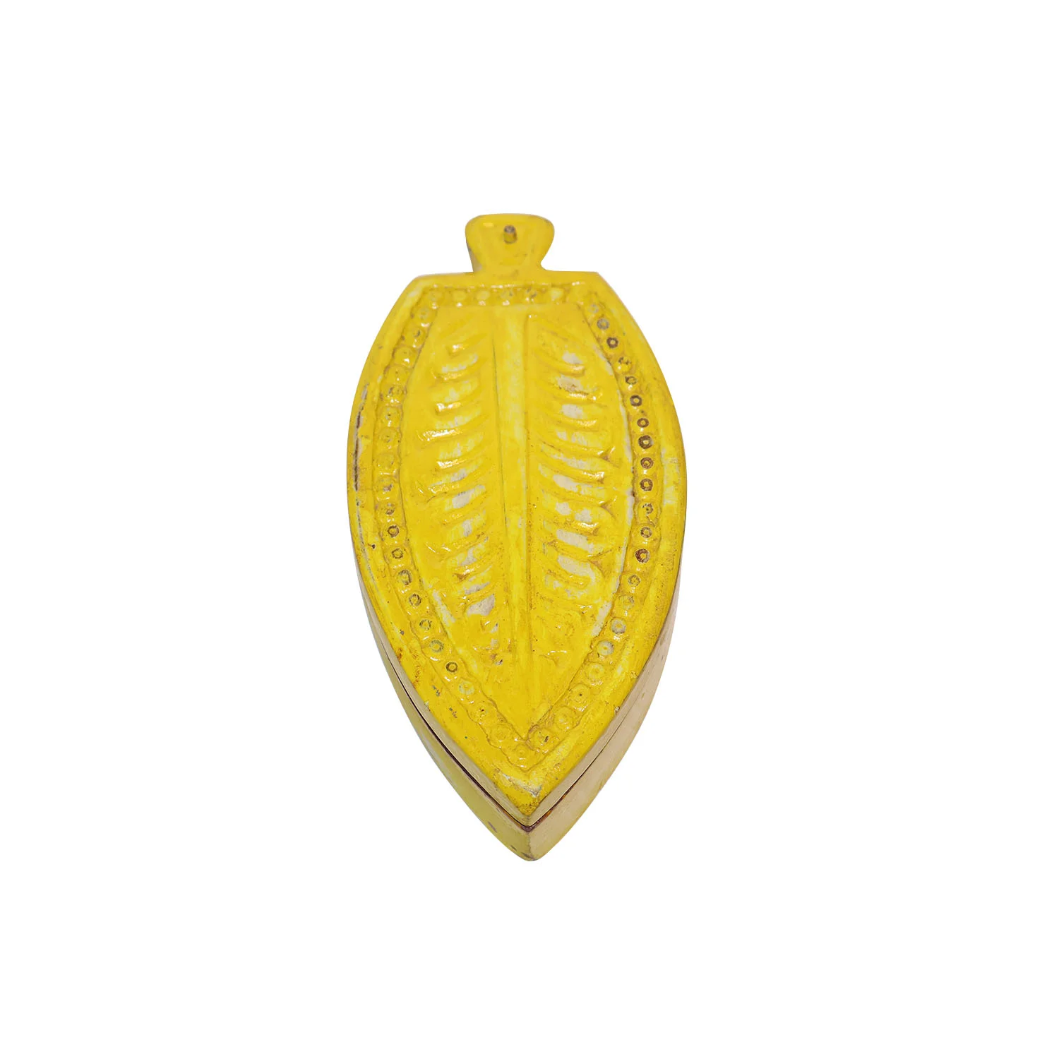 ArtistryBazaar 9"L x 5"W x 2"H inch handmade leaf-shaped wooden jewelry box with yellow lid carvings, dark brown base, long, decorative & functional jewelry organizer, perfect for nature lovers.