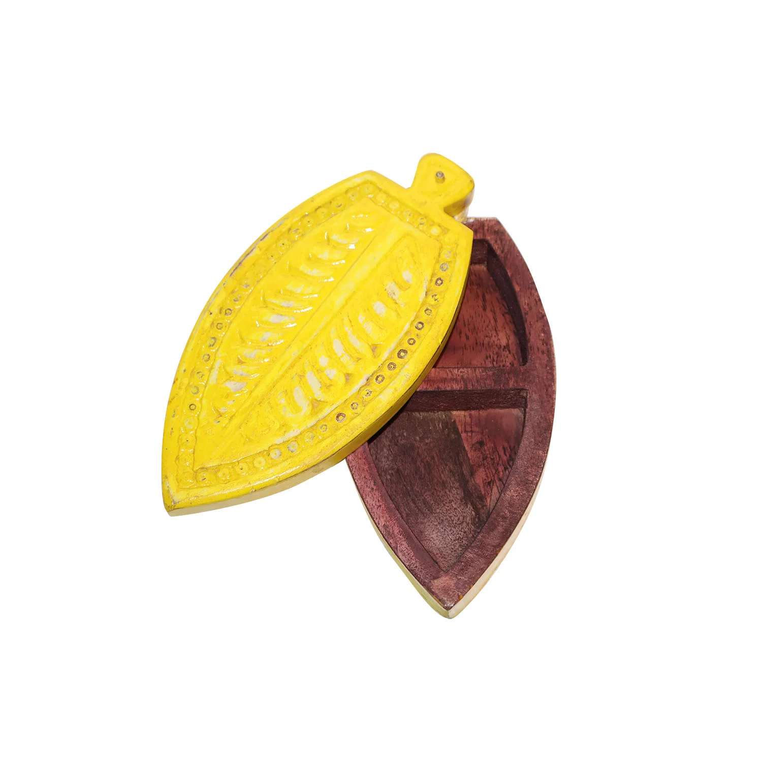 ArtistryBazaar 9"L x 5"W x 2"H inch handmade leaf-shaped wooden jewelry box with yellow lid carvings, dark brown base, long, decorative & functional jewelry organizer, perfect for nature lovers.