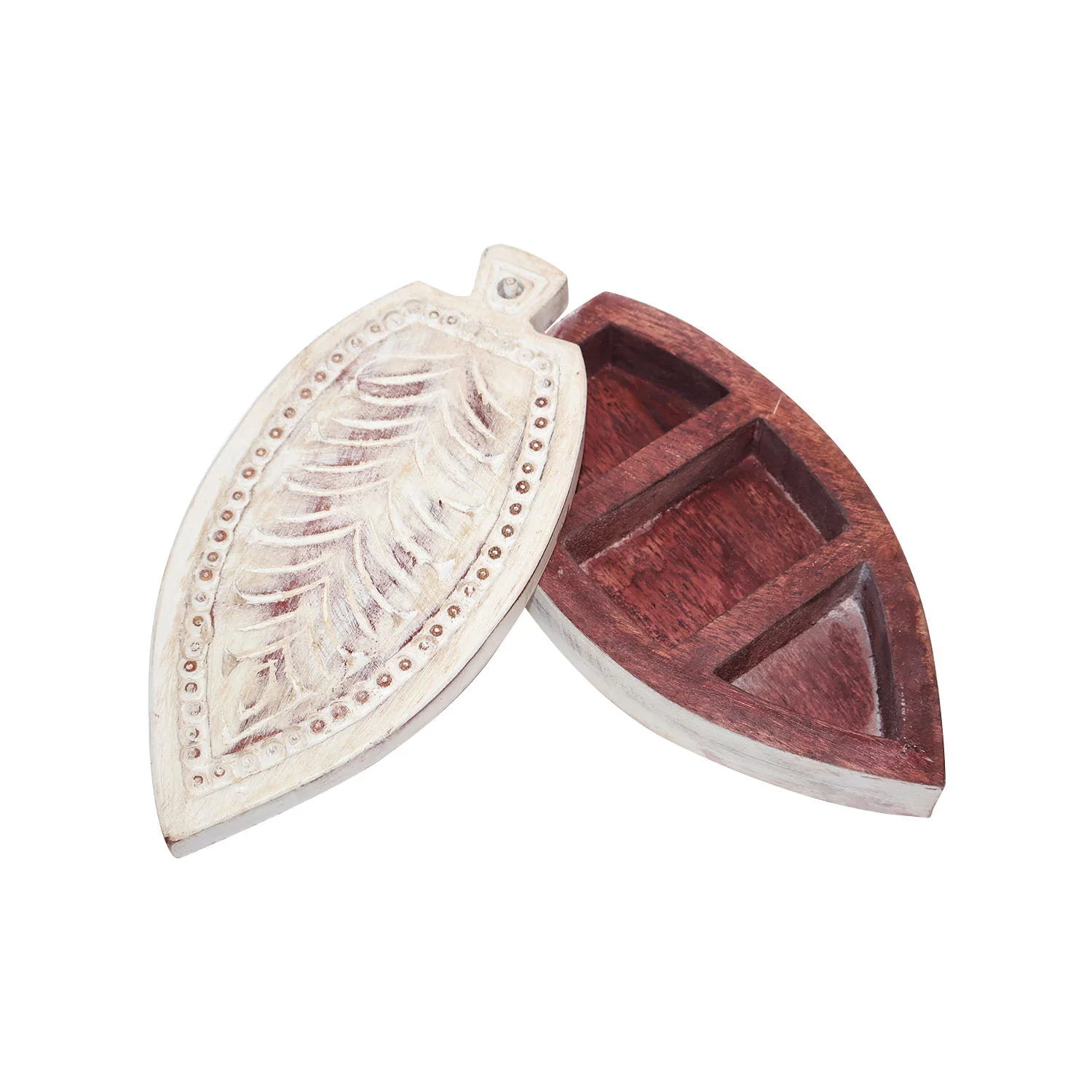 ArtistryBazaar 9"L x 5"W x 2"H inch handmade leaf shape jewelry box with white lid, carved veins, polished dark brown base, decorative and practical storage for rings, earrings, & more!
