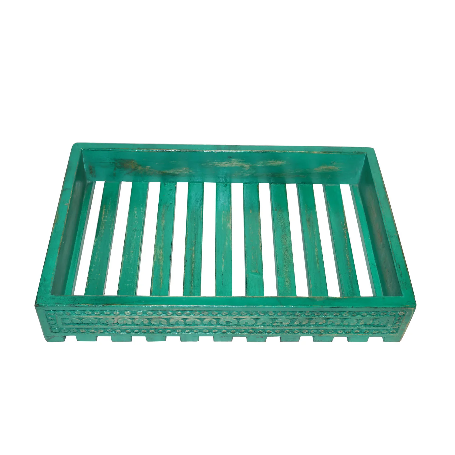 ArtistryBazaar 14"L x 9"W x 3"H inch all green handmade wooden serving tray, decorative carvings, slatted design, lightweight build, serve snacks and drinks, creative home decor item.