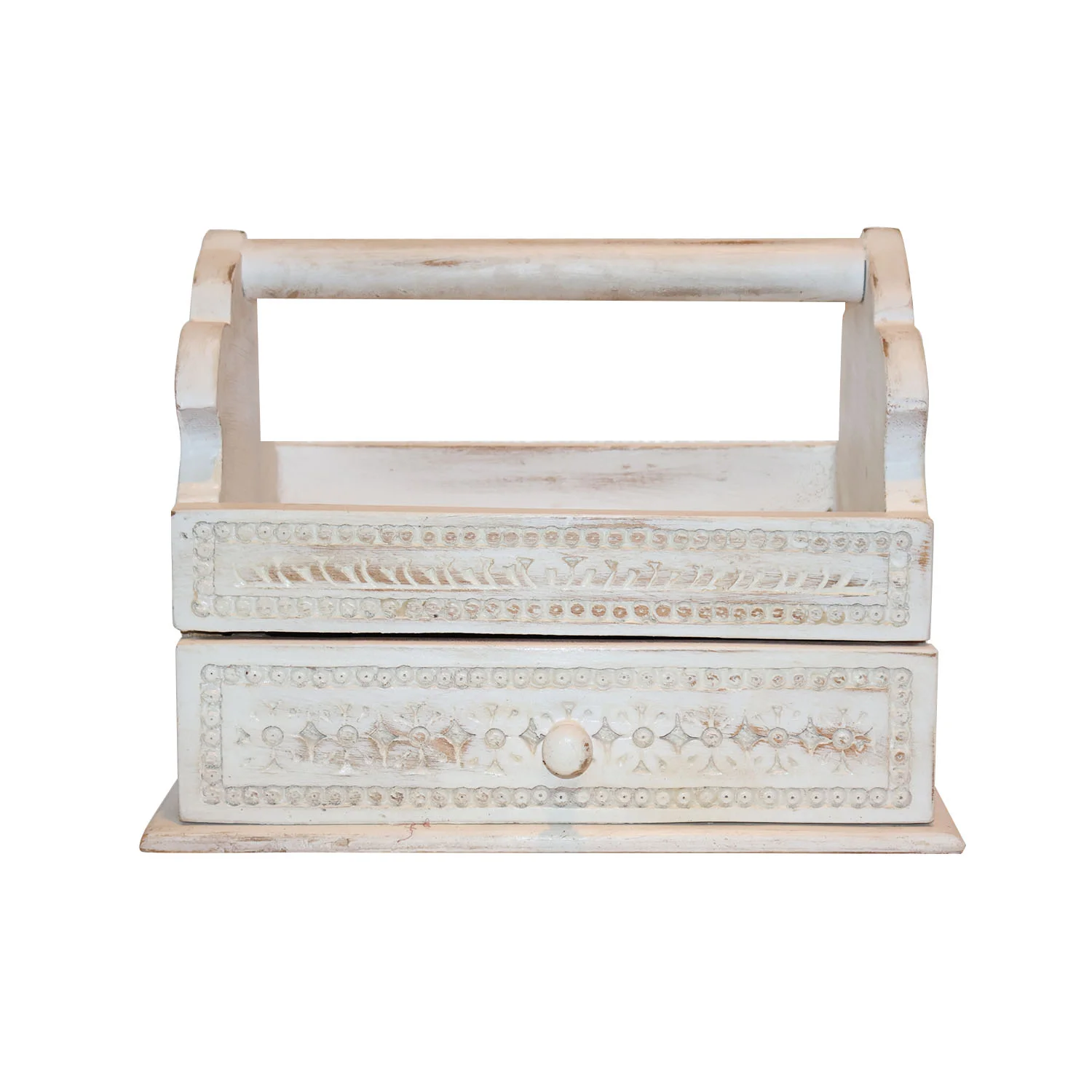 ArtistryBazaar 13"L x 9"W x 10"H inch wooden carry-all box, vintage style,  handcrafted organizer with handle, distressed off-white finish, multipurpose storage solution, home decor for every interior.