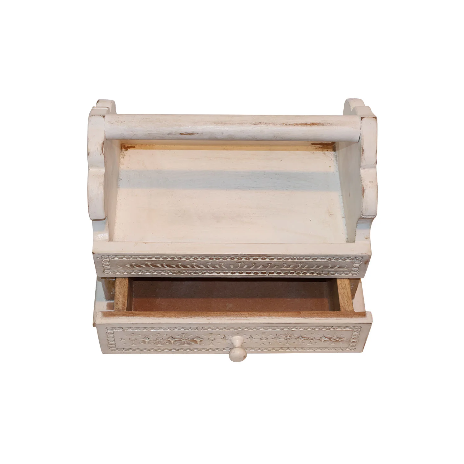 ArtistryBazaar 13"L x 9"W x 10"H inch wooden carry-all box, vintage style,  handcrafted organizer with handle, distressed off-white finish, multipurpose storage solution, home decor for every interior.