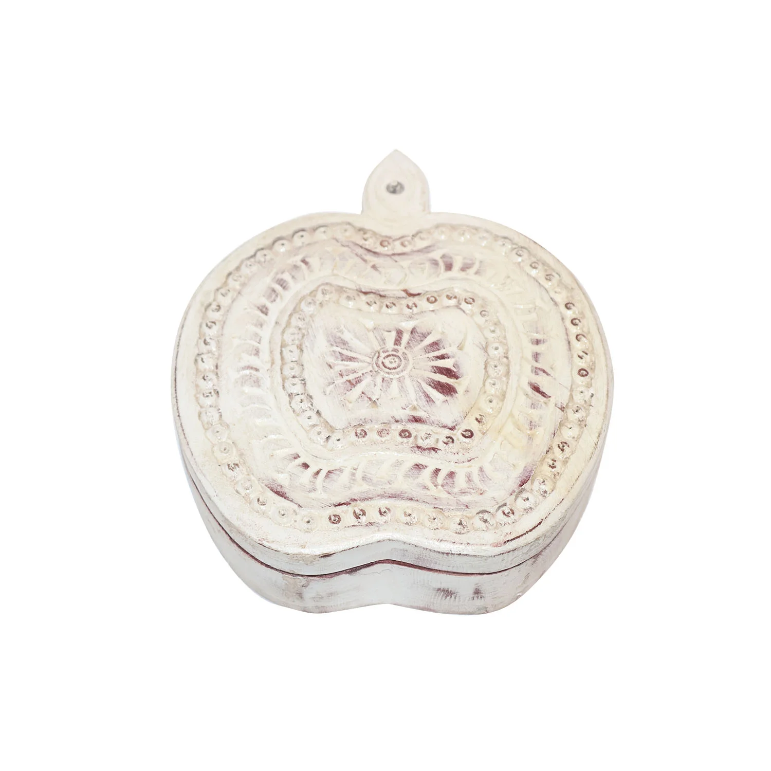 ArtistryBazaar 7.5"L x 9"W x 2"H inch handmade apple-shaped jewelry box, 4 sections, compact design with cream lid, brown base, perfect for rings, earrings, and nosepins!