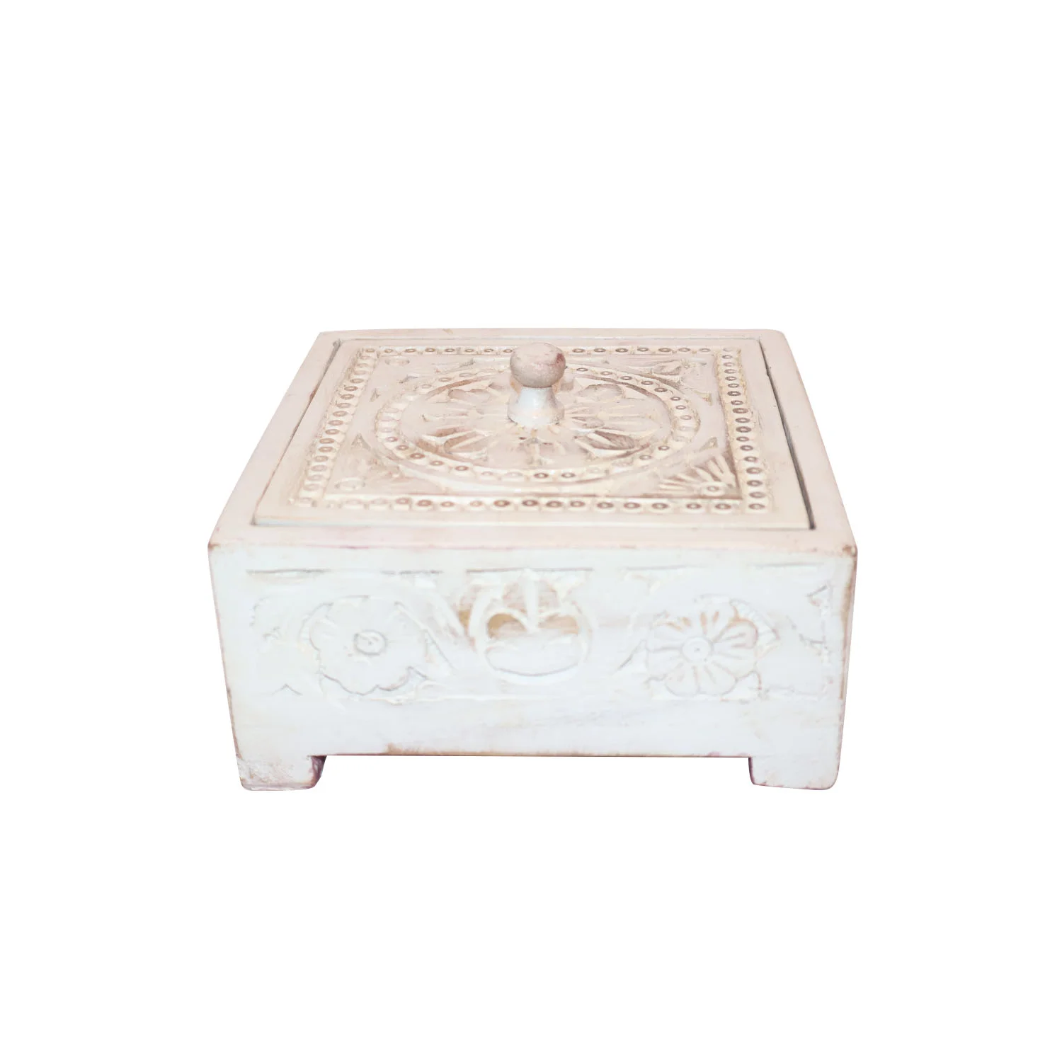 ArtistryBazaar 7.5"L x 7.5"W x 3.5"H inch wooden jewelry box, handmade with beautiful carvings, 4 compartments for rings, earrings, and necklaces, ideal for any dresser.