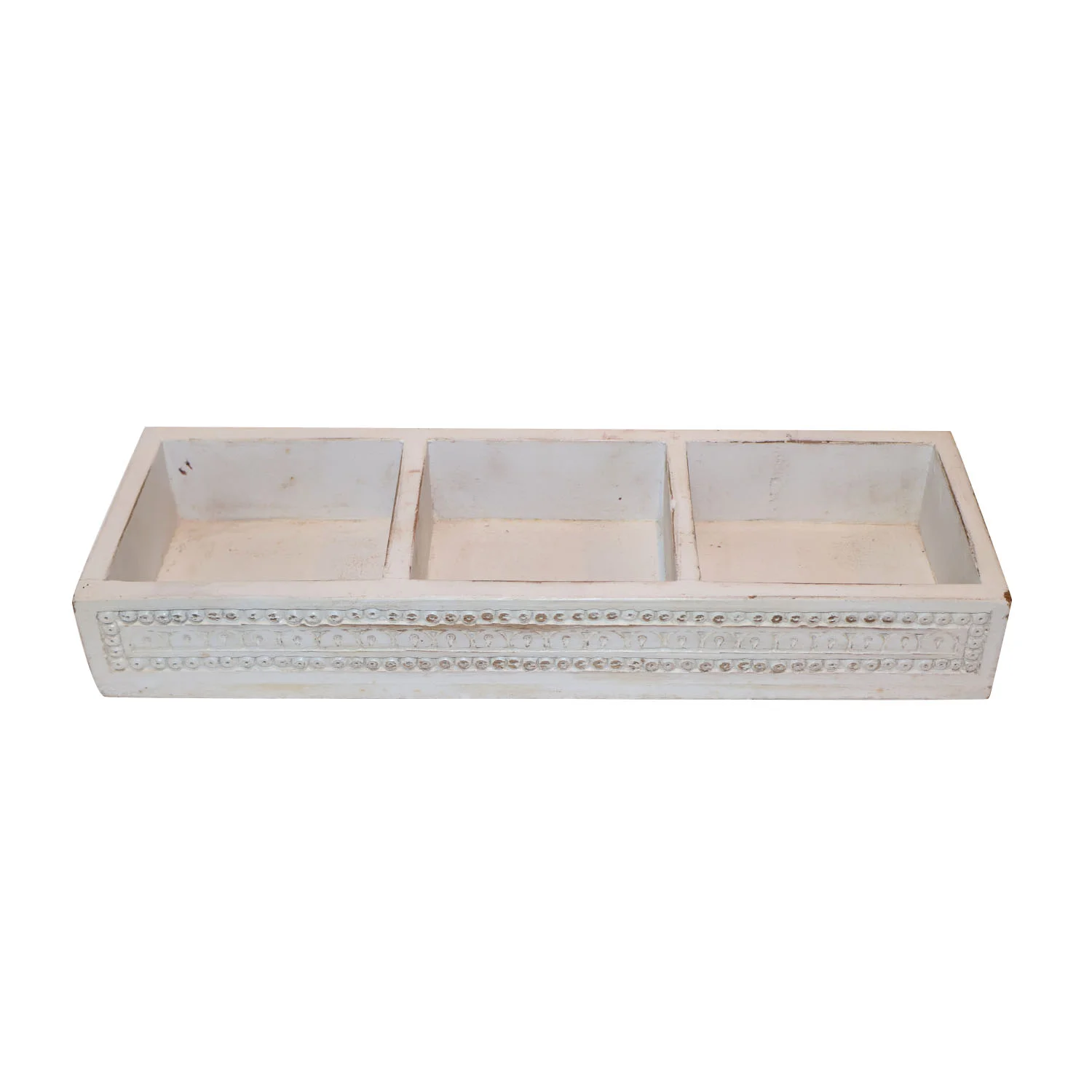 ArtistryBazaar 16"L x 5"W x 2.5"H inch 100% handmade wooden tray, off-white with 3 compartments, serves snacks, tea, coffee, or cold drinks, made by skilled artisans.