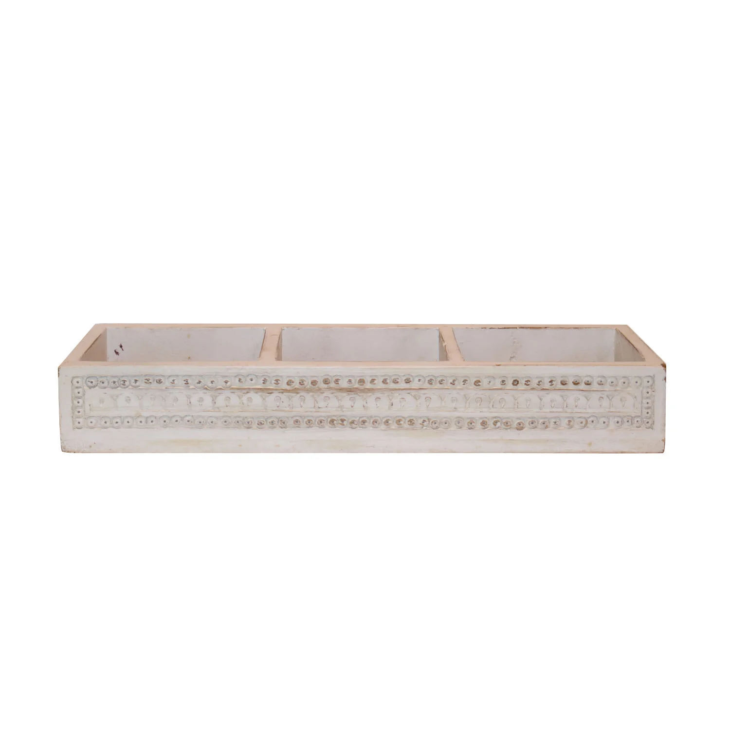 ArtistryBazaar 16"L x 5"W x 2.5"H inch 100% handmade wooden tray, off-white with 3 compartments, serves snacks, tea, coffee, or cold drinks, made by skilled artisans.