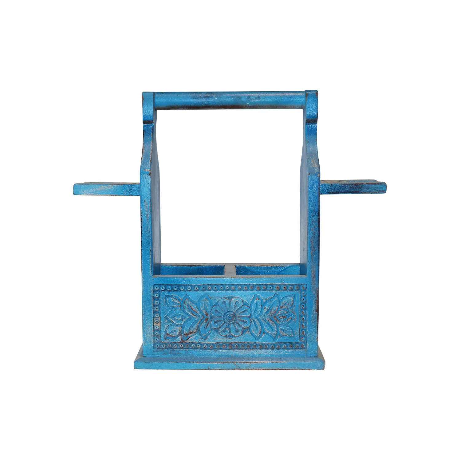 ArtistryBazaar 17"L x 5"W x 15"H inch handmade blue wooden wine holder with glass holders on both sides, decorative & useful, perfect for small gatherings, ideal for wine lovers.